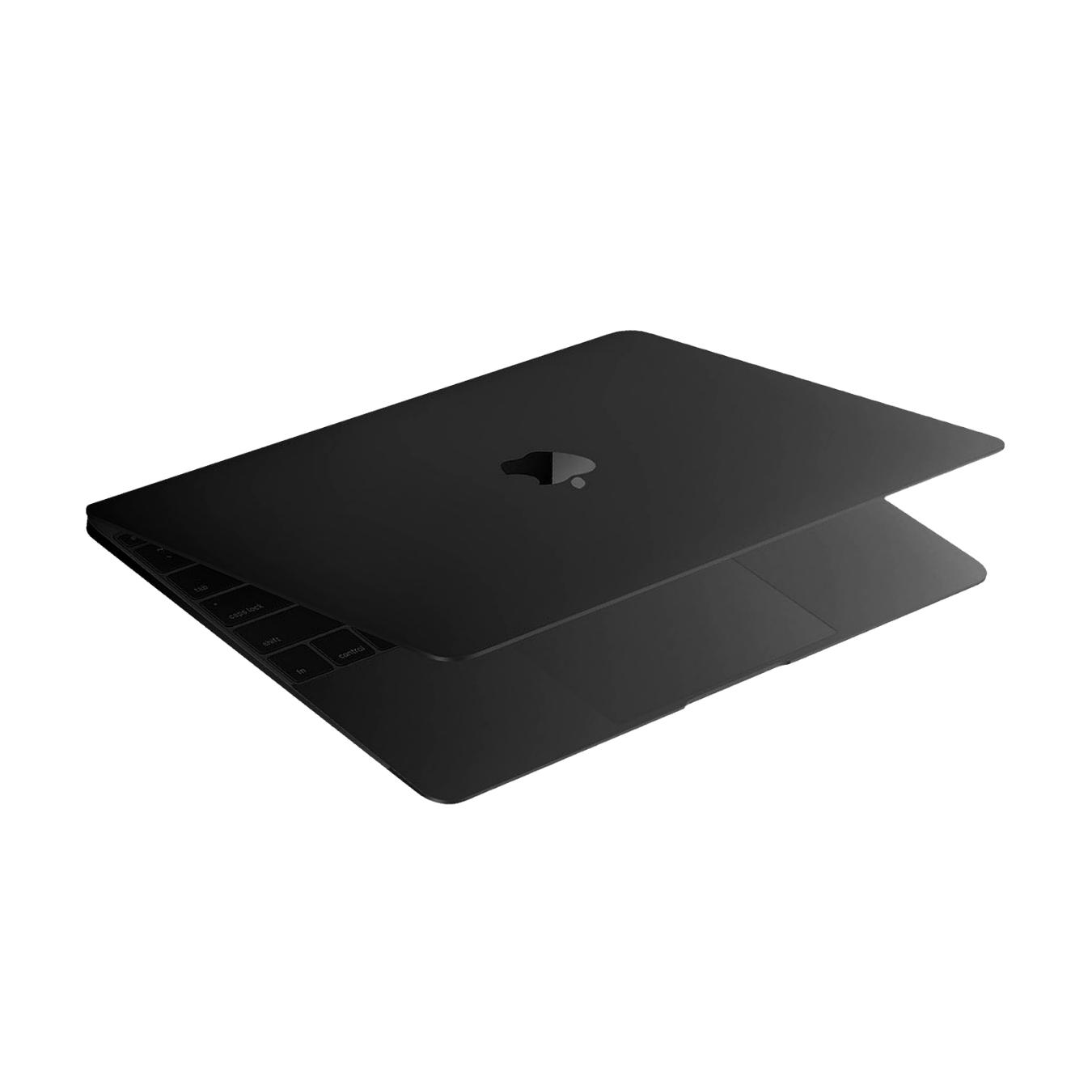 Black laptop with a partially open lid showing the keyboard and trackpad.