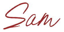 A signature in red cursive writing spelling 'Sam'.