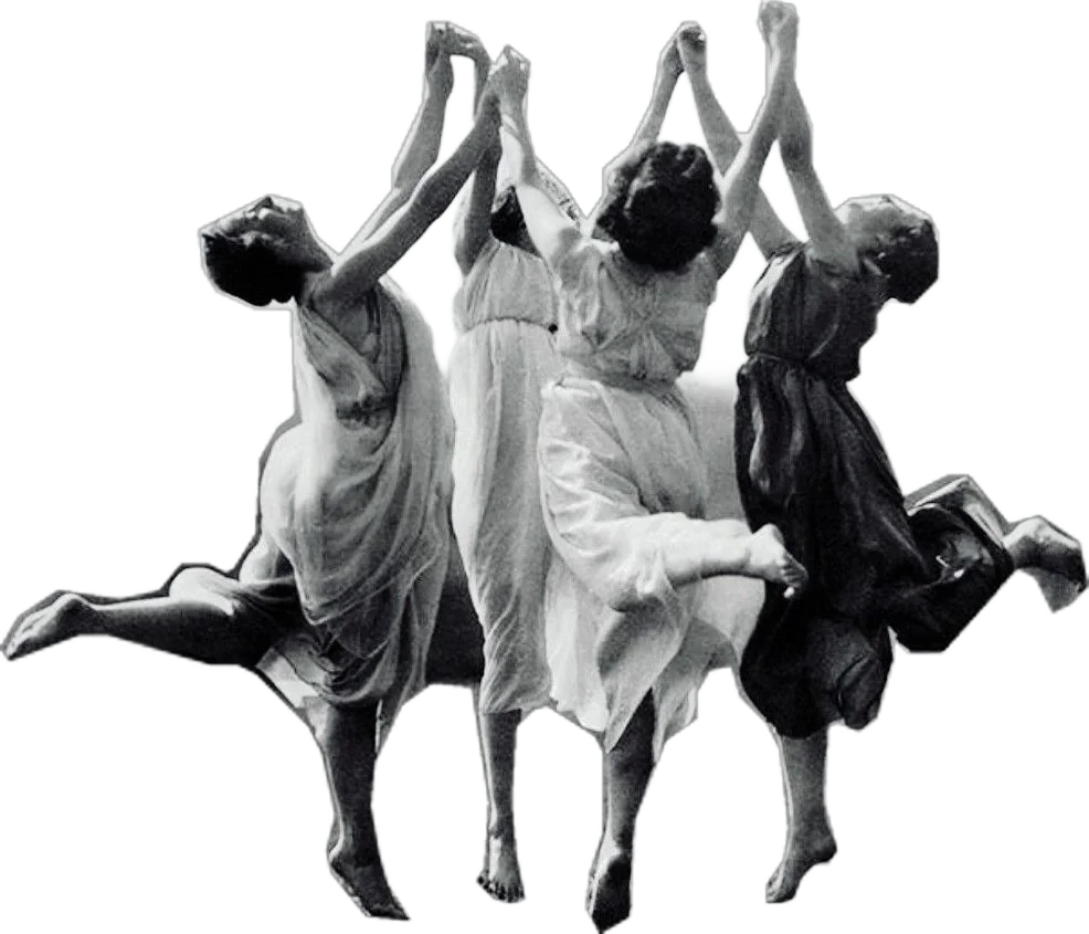 Black and white sculpture of four women dancing, holding hands overhead, each wearing a dress, captured in mid-movement with one leg lifted.