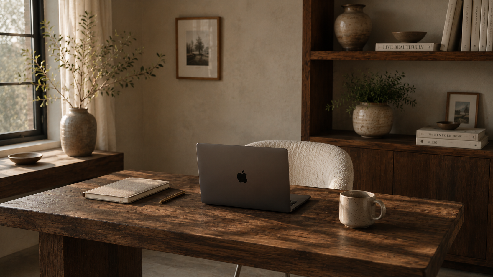 A cozy home office with a wooden desk, a closed MacBook, a notebook, a gold pen, and a ceramic mug. Behind the desk is a bookshelf with decorative vases, books, and framed pictures. A large window with curtains allows natural light to fill the room.
