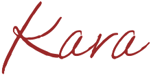 Text that says 'Kara' in cursive red font