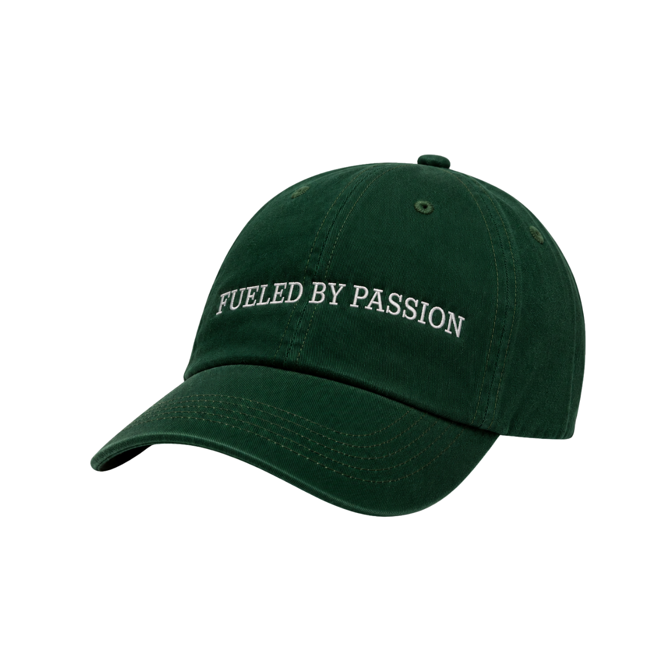 Green baseball cap with white embroidered text "FUELED BY PASSION" on front.