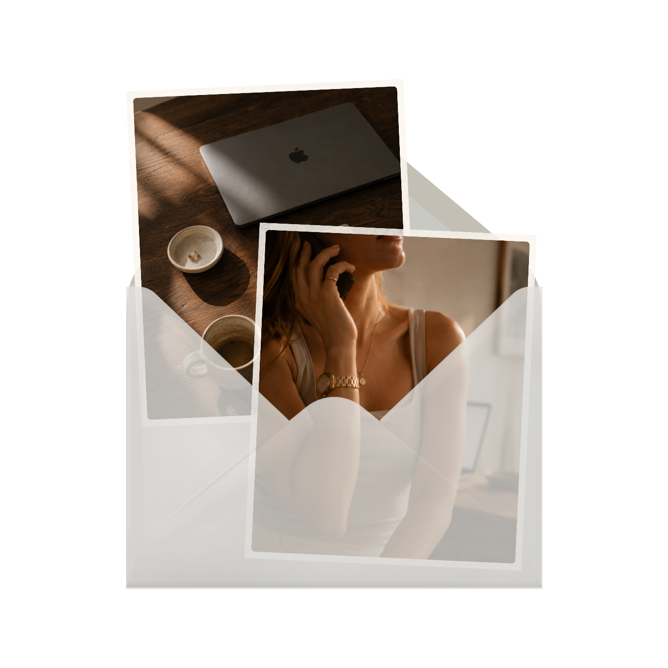 Overlapping Polaroid photos: one showing a woman talking on cell phone, another shows a laptop and coffee cups on a wooden table.