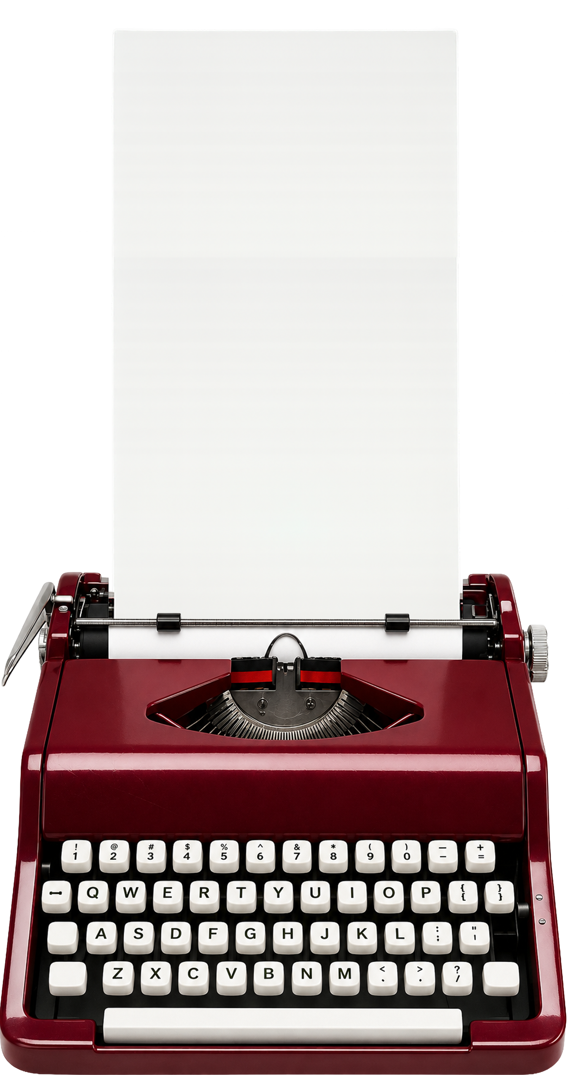 Red vintage typewriter with white paper inserted, viewed from above.