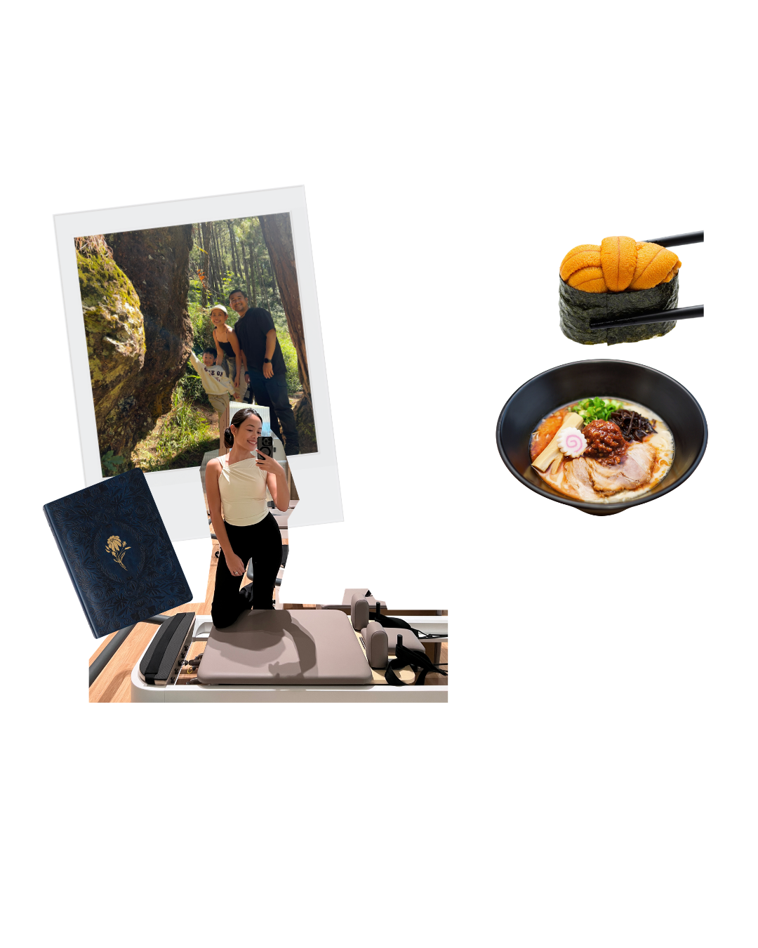 Photograph of a woman taking a selfie, with a display of a family photo, sushi, and ramen on a table.