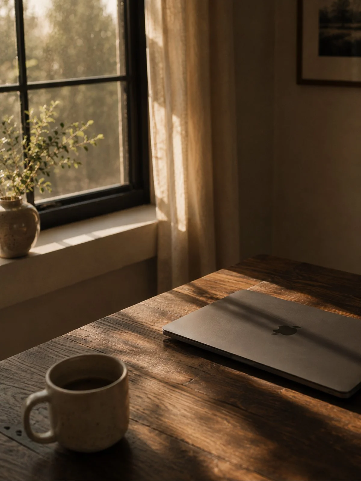A wooden table with a silver MacBook, a ceramic coffee mug, and a smaller cup placed near a window with sunlight streaming in, illuminating a green potted plant on the windowsill.