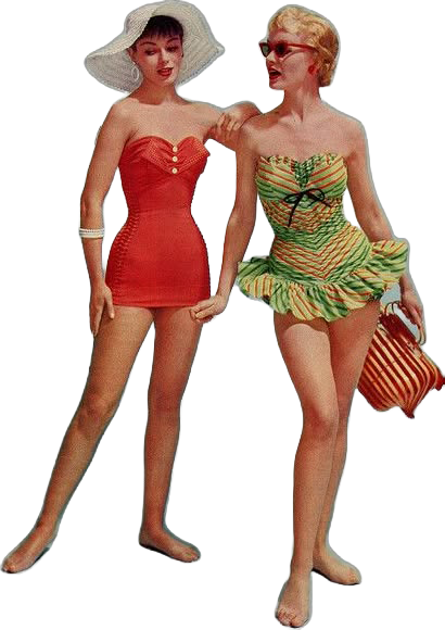 Two women in vintage swimsuits and summer accessories, holding hands and standing side by side.