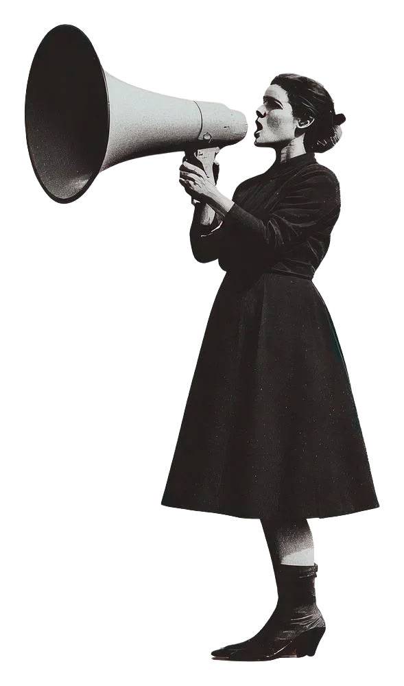 A vintage black and white photo of a woman holding a megaphone, speaking into it.