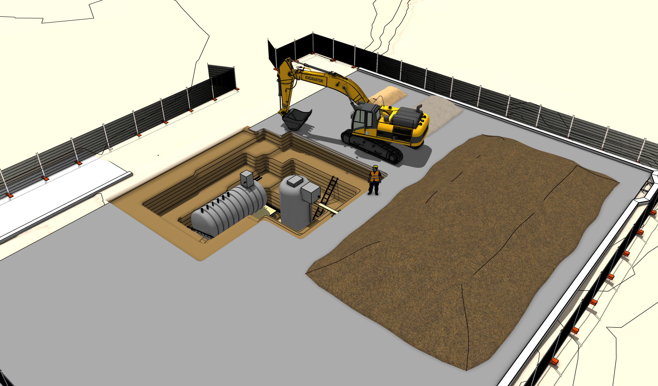 A construction site with a yellow excavator digging a large hole, another pile of dirt nearby, fenced perimeter, and construction worker wearing a yellow helmet and orange safety vest overseeing the work.