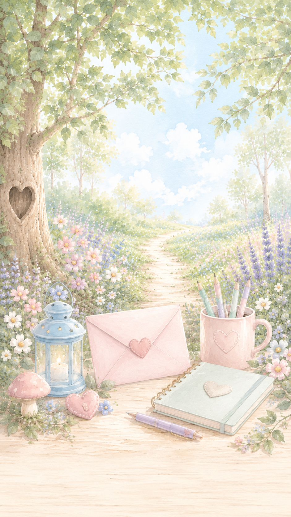 A dreamy outdoor scene with a wooden table set in a meadow filled with pink, purple, and white flowers, and a pathway leading into a bright sky with fluffy clouds. The table holds stationery items including a mug with pastel-colored pencils, a closed notebook, a pen, a pink envelope with a heart-shaped sticker, a candle lantern, a mushroom decoration, and some small heart-shaped objects. A large tree with a heart-shaped carved out hole in its trunk stands on the left, with green leaves overhead.