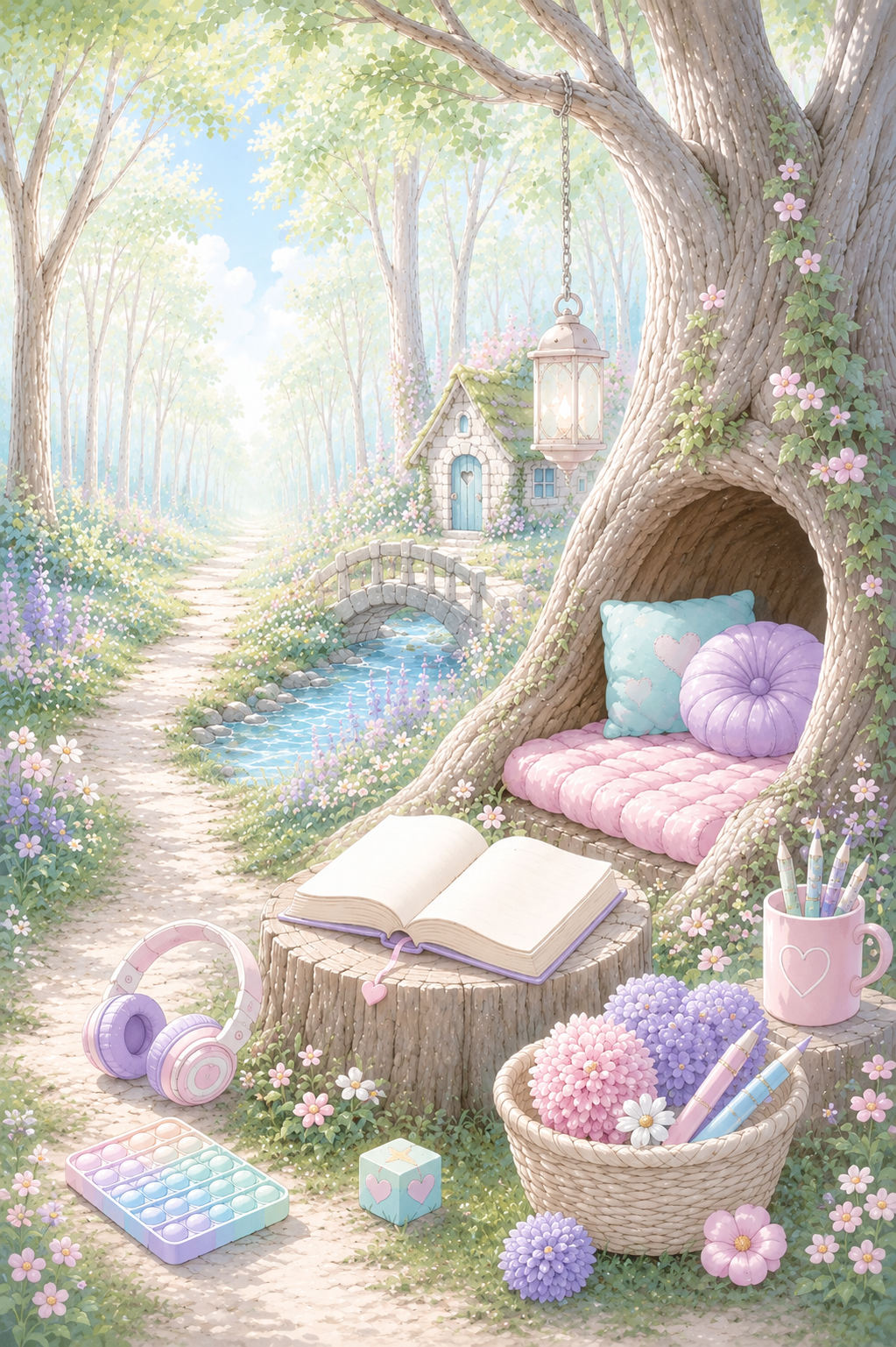Soft pastel woodland reading nook with an open book, flowers, sensory-friendly items and a peaceful path through the trees.