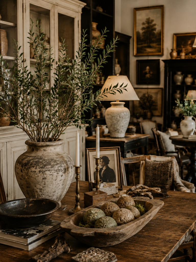 Carefully styled dealer booth featuring vintage collectibles, antiques, artwork, lighting, and decorative objects at The Collective.