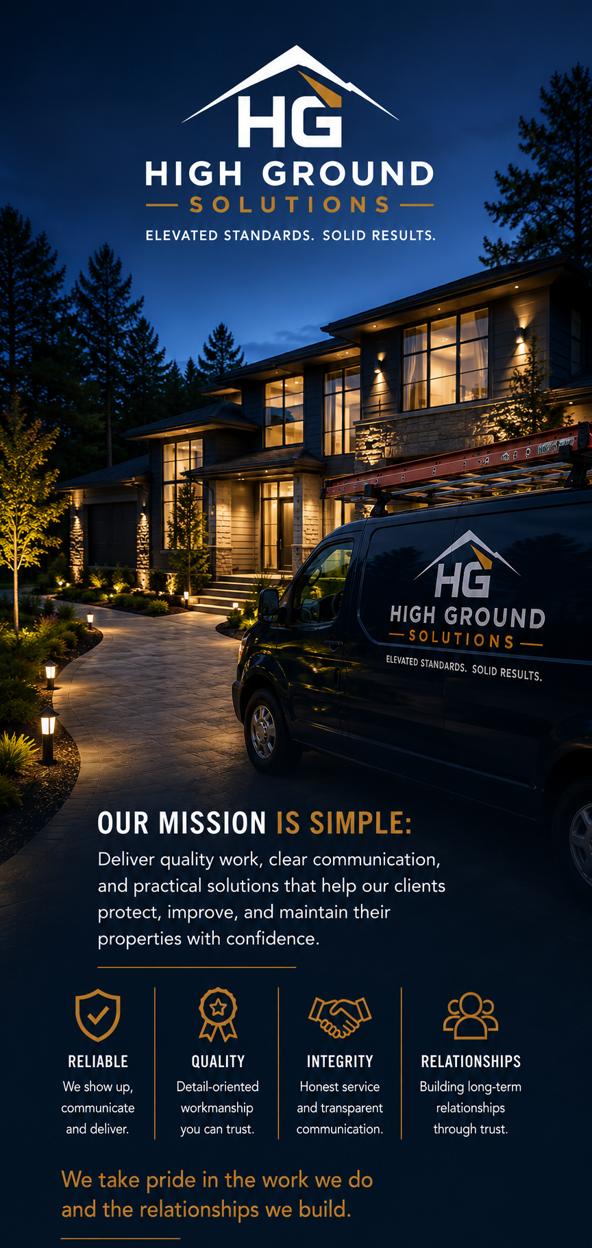 A nighttime image of a modern house with illuminated windows, surrounded by trees and landscaping. A company van with the High Ground Solutions logo is parked in the driveway, which is illuminated by landscape lighting.
