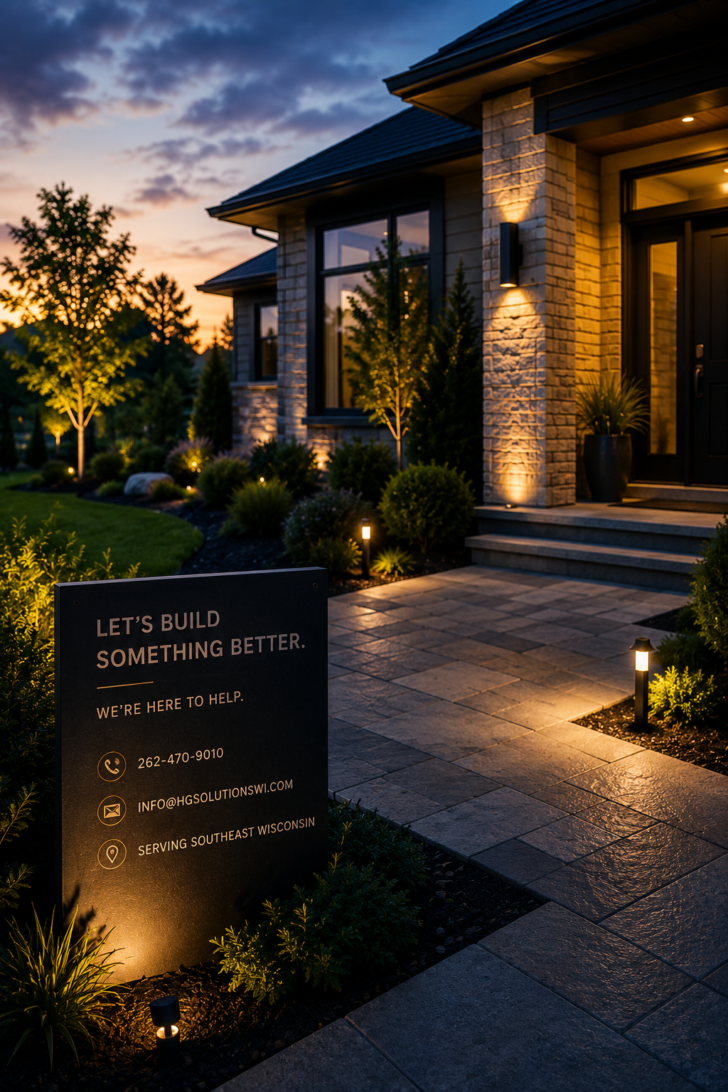 A modern house exterior with stone and black accents, illuminated by outdoor lighting at dusk, featuring a landscaped front yard, trees, and a sign that reads 'Let's build something better. We're here to help.' with contact information and location in Southeast Wisconsin.
