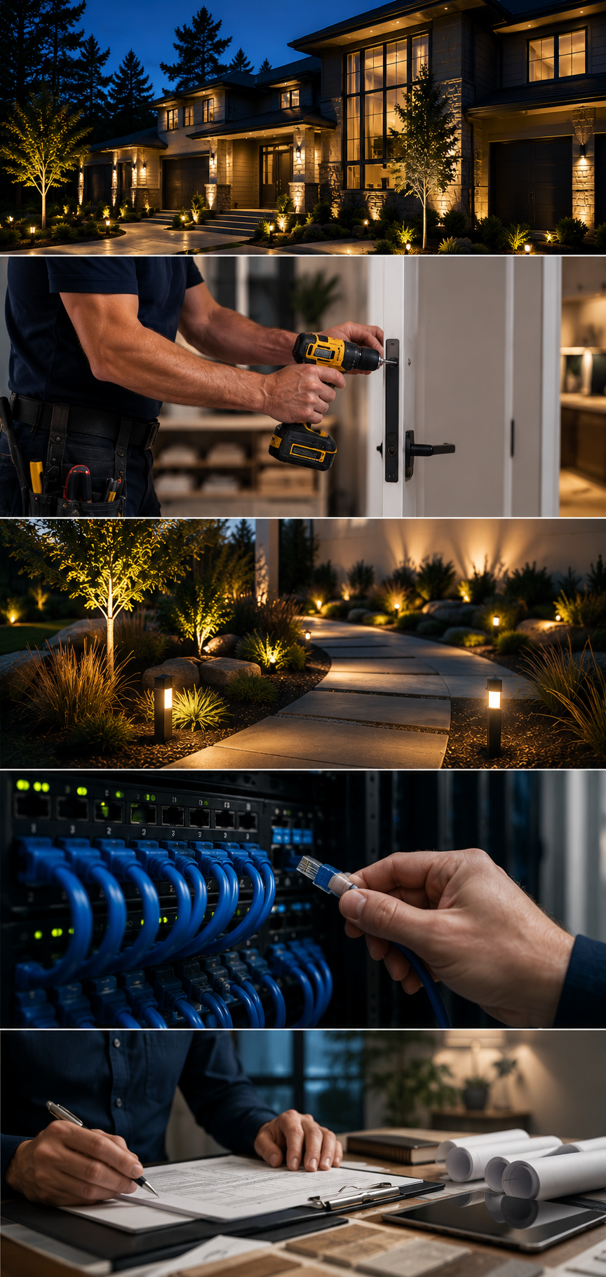 Nighttime exterior view of a modern house with illuminated landscaping, a person installing a door lock with a drill, landscaped garden with pathway and lighting, technician handling network cables in a server room, and a person reviewing documents at a desk with architectural plans.