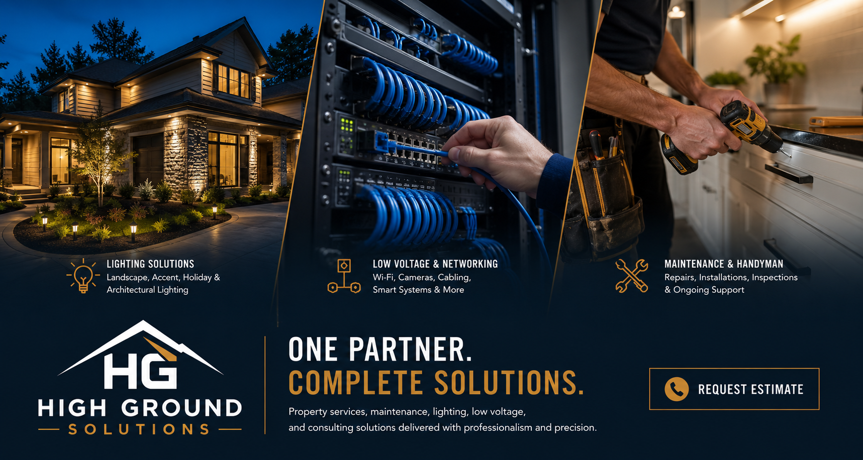 A promotional banner for High Ground Solutions displaying three services: lighting solutions including landscape and architectural lighting, low voltage and networking with Wi-Fi and smart systems, and maintenance and handyman services for repairs, inspections, and ongoing support. The banner features a photo of a large house at dusk, a technician working on network cabling, and a handyman installing a drawer, with the company's logo and a request estimate button.