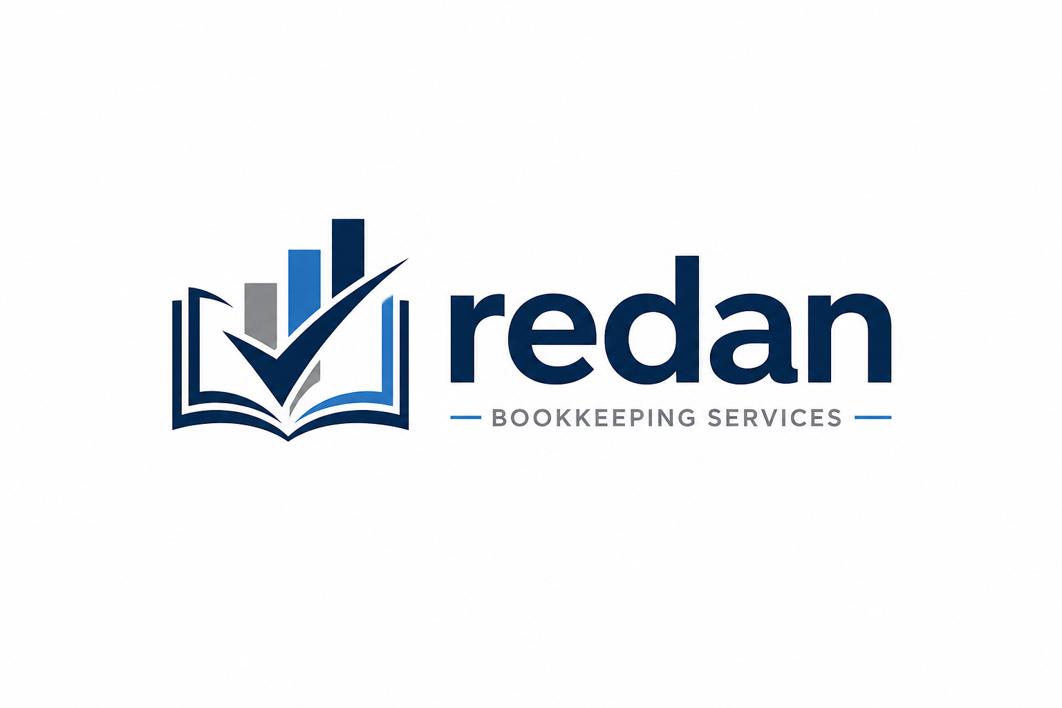 Logo for Redan Bookkeeping Services featuring a stylized open book with a checkmark above the pages and a bar chart in the background, with the company name and services on a white background.