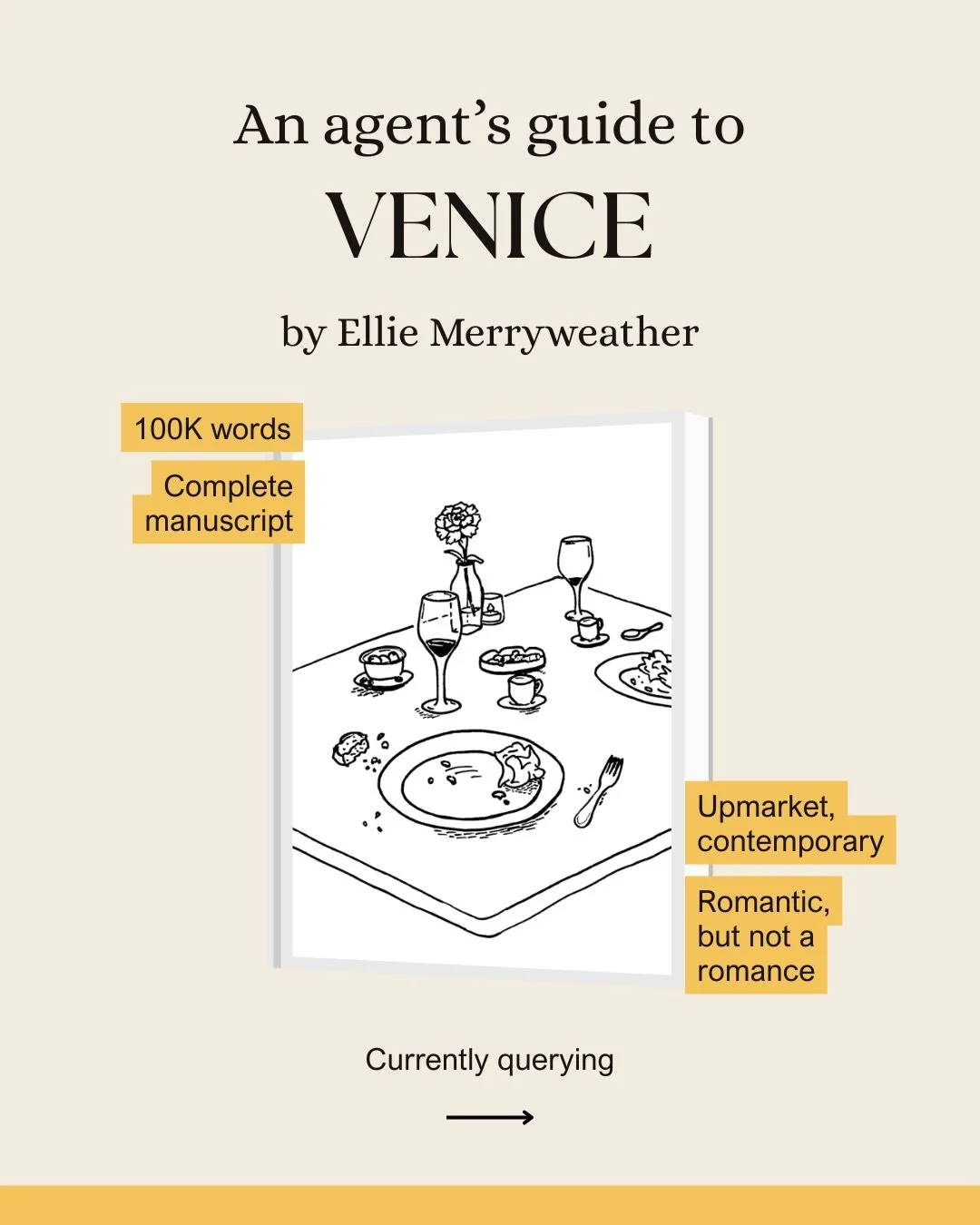 I am currently querying my debut novel; VENICE
Word count: 100K
Genre: Contemporary, upmarket, book club. Romantic, but not a romance

It&rsquo;s winter in Venice. When a gondolier and his passenger - who is only passing through - start to fall for e