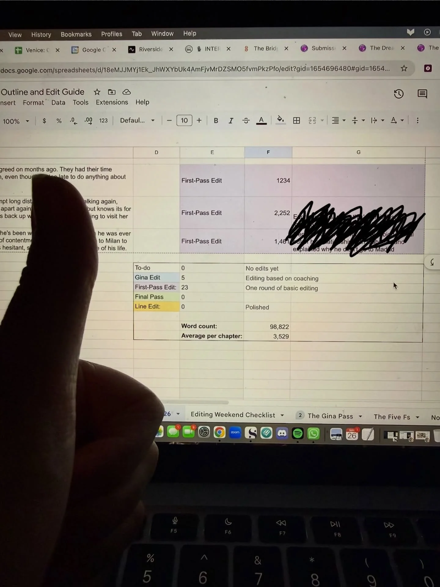 The final developmental edit is doooooonnnneeeeee! 🎉 Just in time for my deadlines.
Now its time for line edits and PITCHING! 😱

I owe this final stretch entirely to my boyfriend for putting a projector in our room, and to the people who film hour-