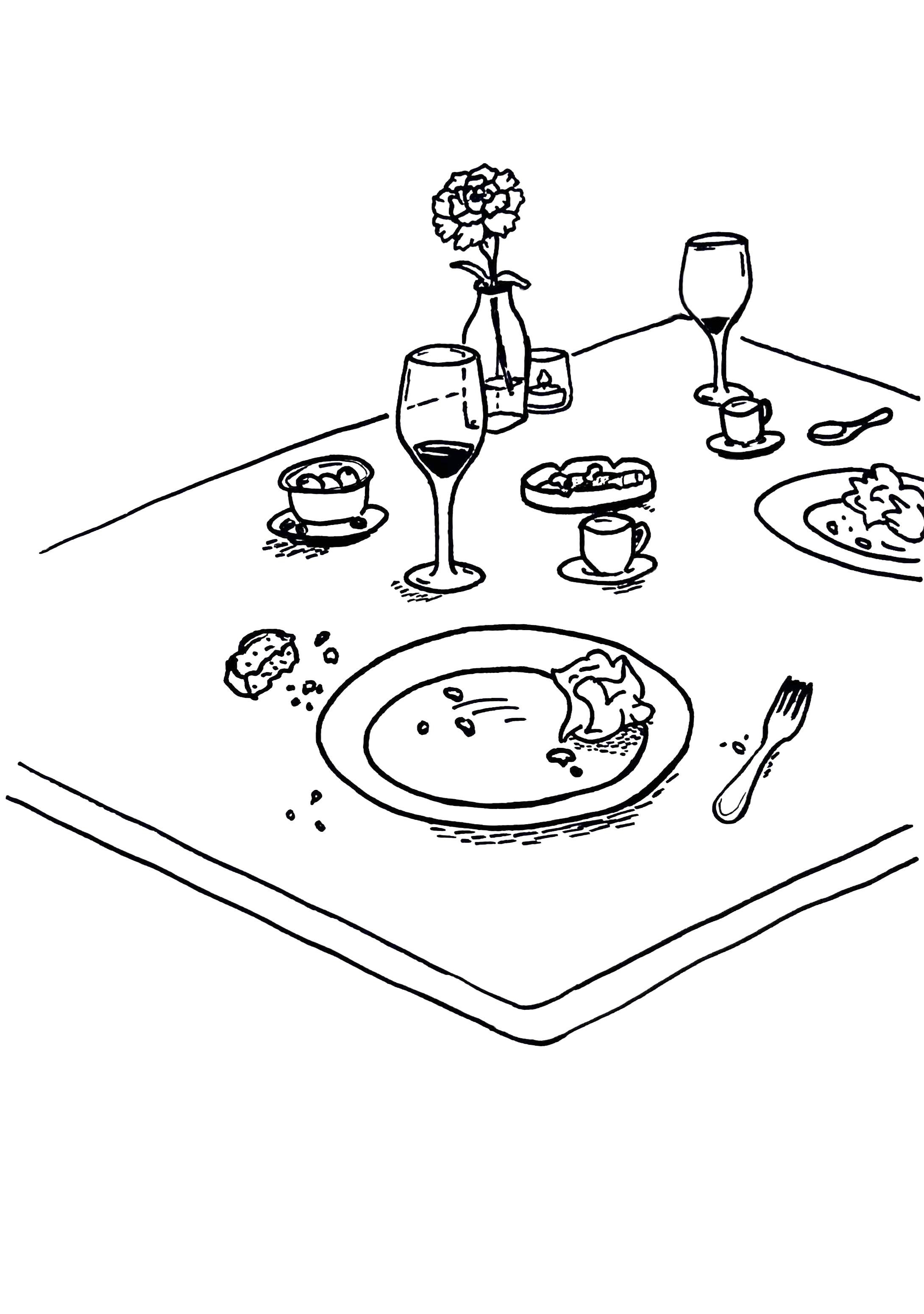A line drawing of a table with a plate of food, a fork, a glass of wine, a coffee cup, a small bowl, a dish with food, and a small vase with a flower, on a tablecloth with a corner visible.