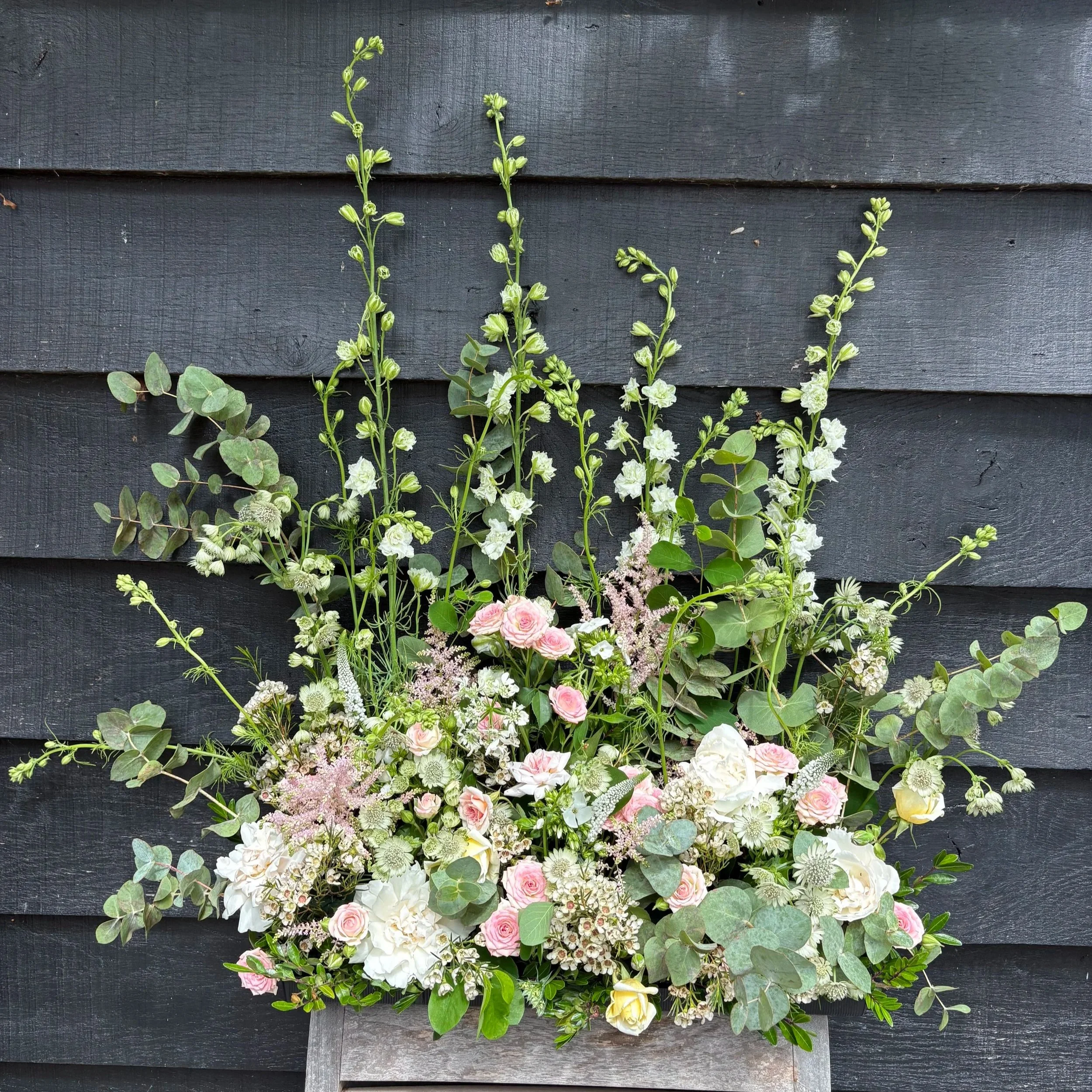 Beautiful pastel pinks and white meadow box for weddings and events.
