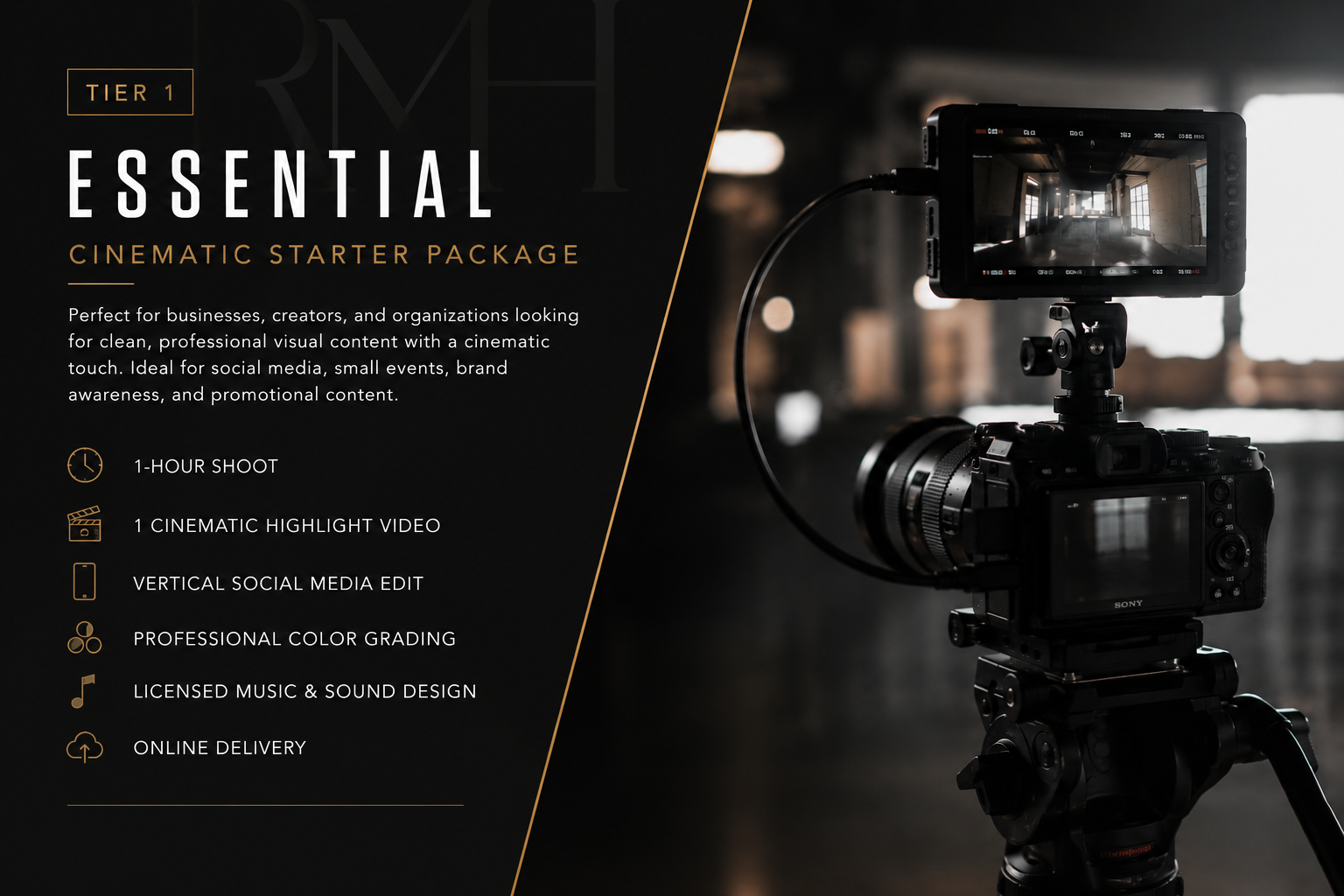 A professional camera mounted on a tripod in a dimly lit industrial space, capturing footage of a large, empty room with windows and exposed brick walls, used for promoting a cinematic starter package for video production.