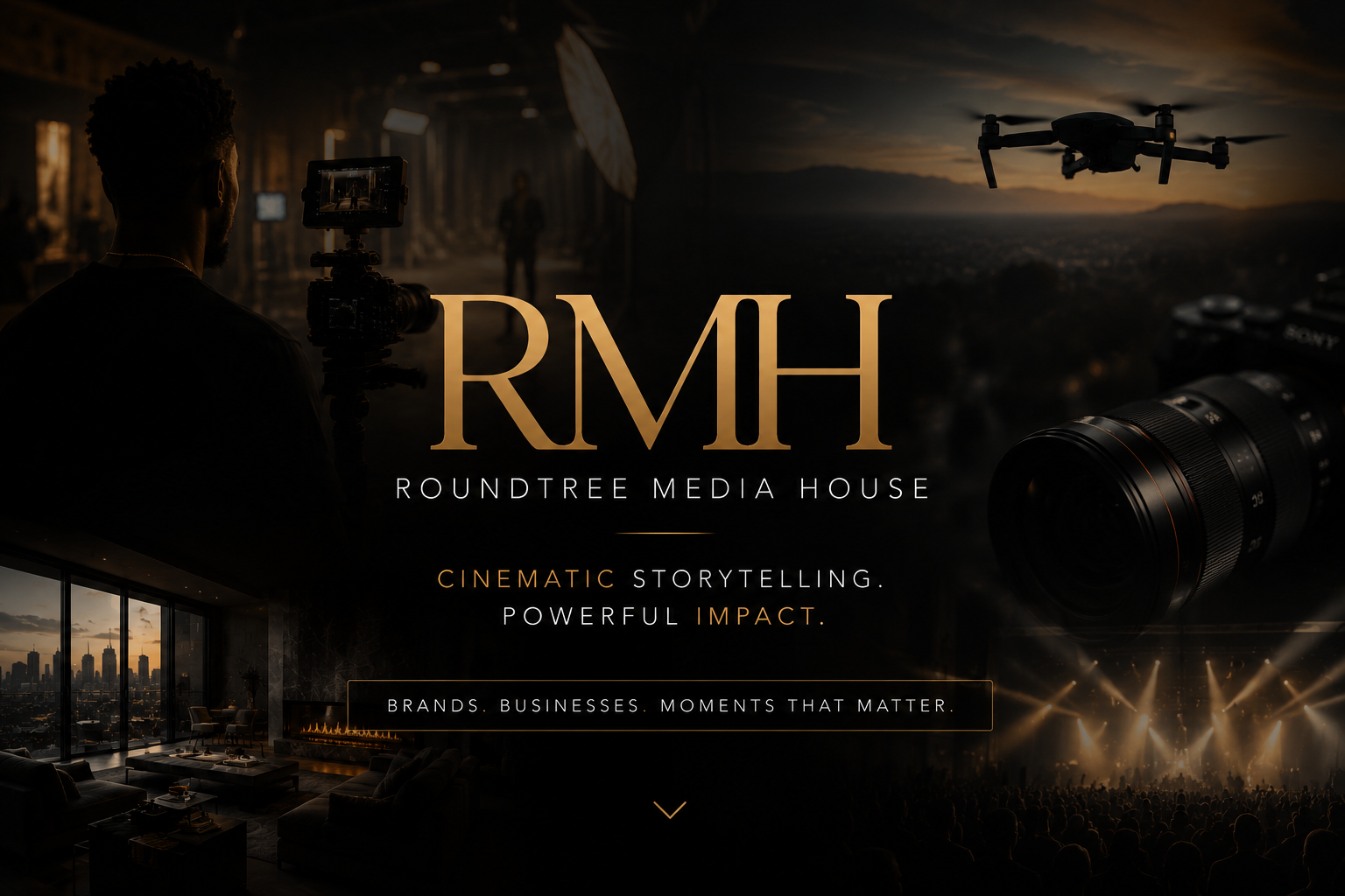 A promotional image for Roundtree Media House featuring a cityscape view through large windows, a film crew setting with a camera, a drone, and stage lights, all emphasizing cinematic storytelling and impactful branding.