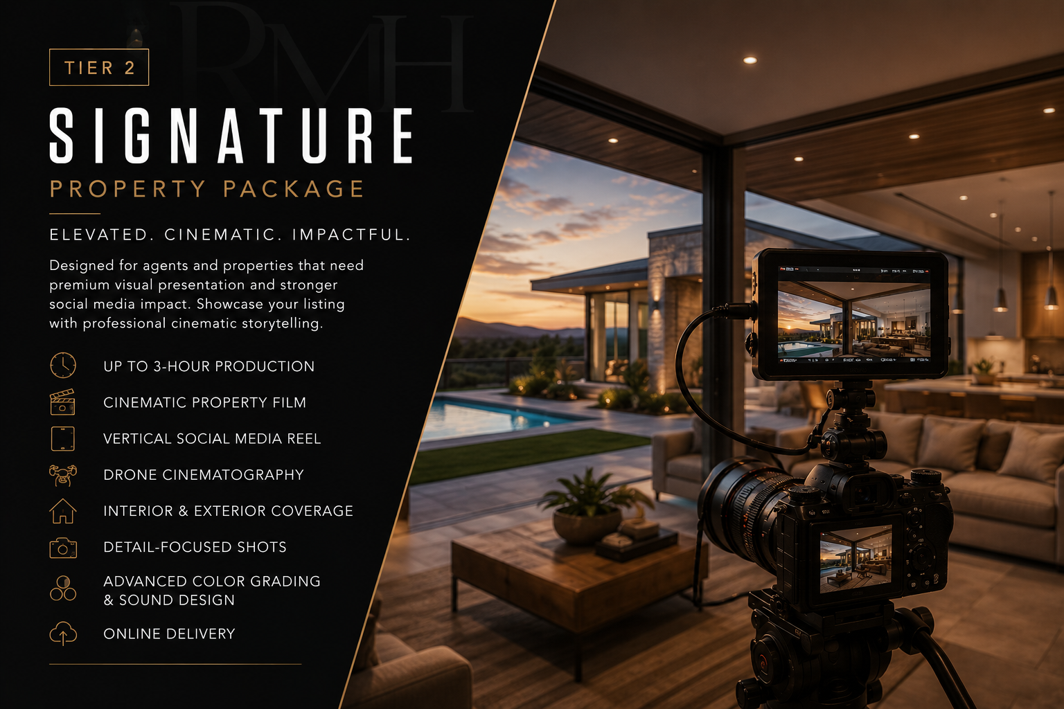 A professional camera on a tripod capturing an interior shot of a modern living room with large windows showing an outdoor pool and sunset, advertising a property video package.