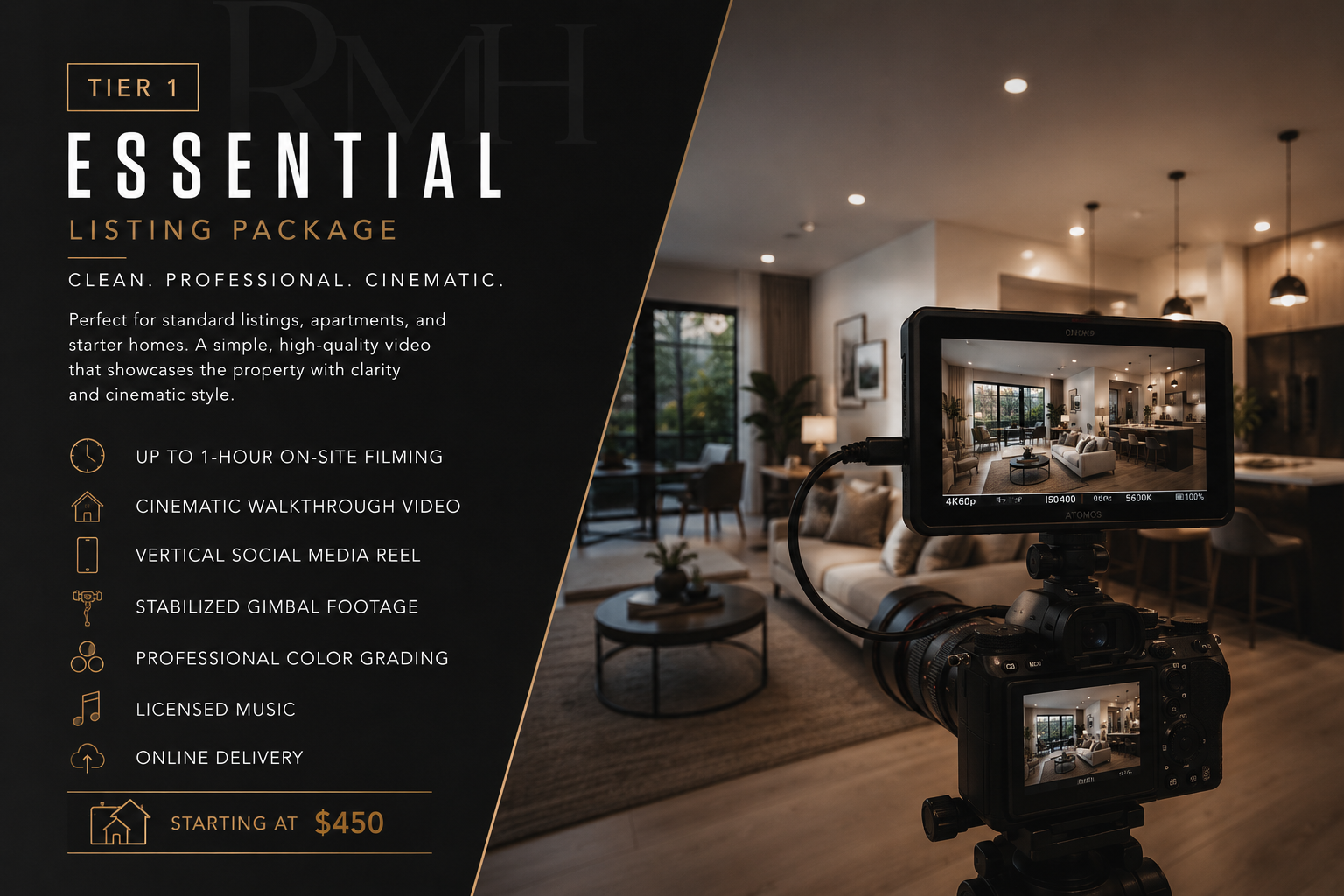 A professional camera filming a modern living room for a real estate listing advertisement, showing a bright, open space with large windows, a cozy seating area, and contemporary decor.
