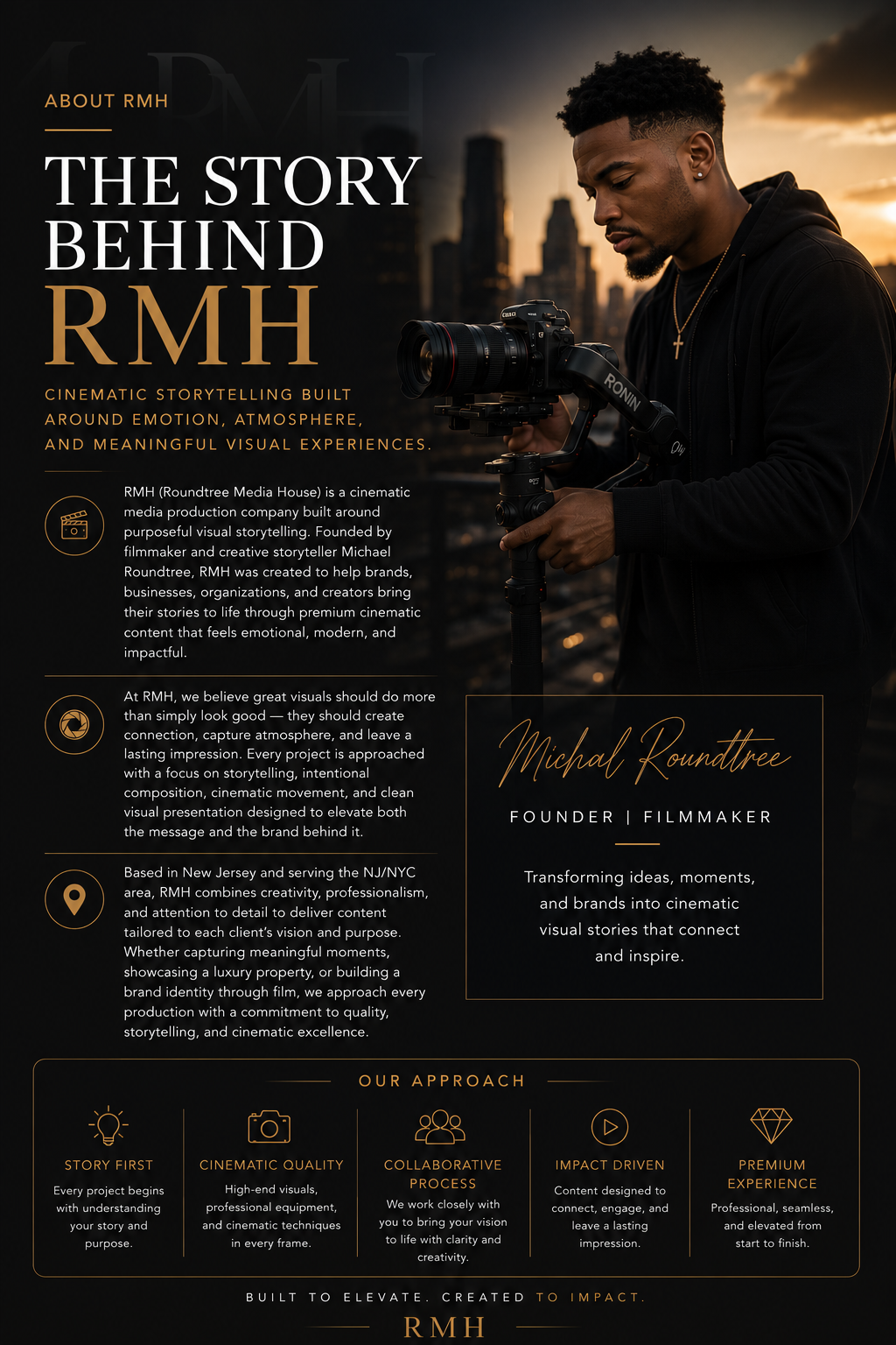 A promotional poster for RMH (Roundtree Media House) featuring a young man with styled hair and earrings, holding a professional camera in an urban setting during sunset.