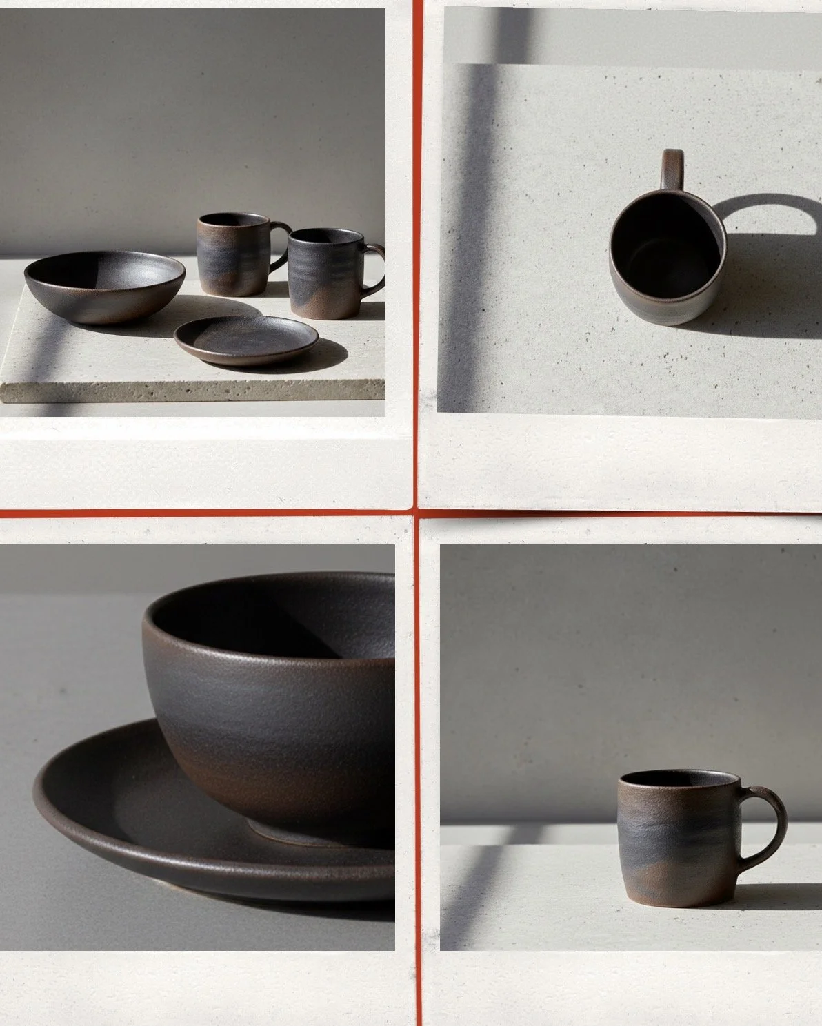 Verschiedene keramische Geschirrsets, darunter Schüsseln, Tassen und Untertassen, in einem minimalistisch eingerichteten Raum mit Sonnenlicht und Schatten.