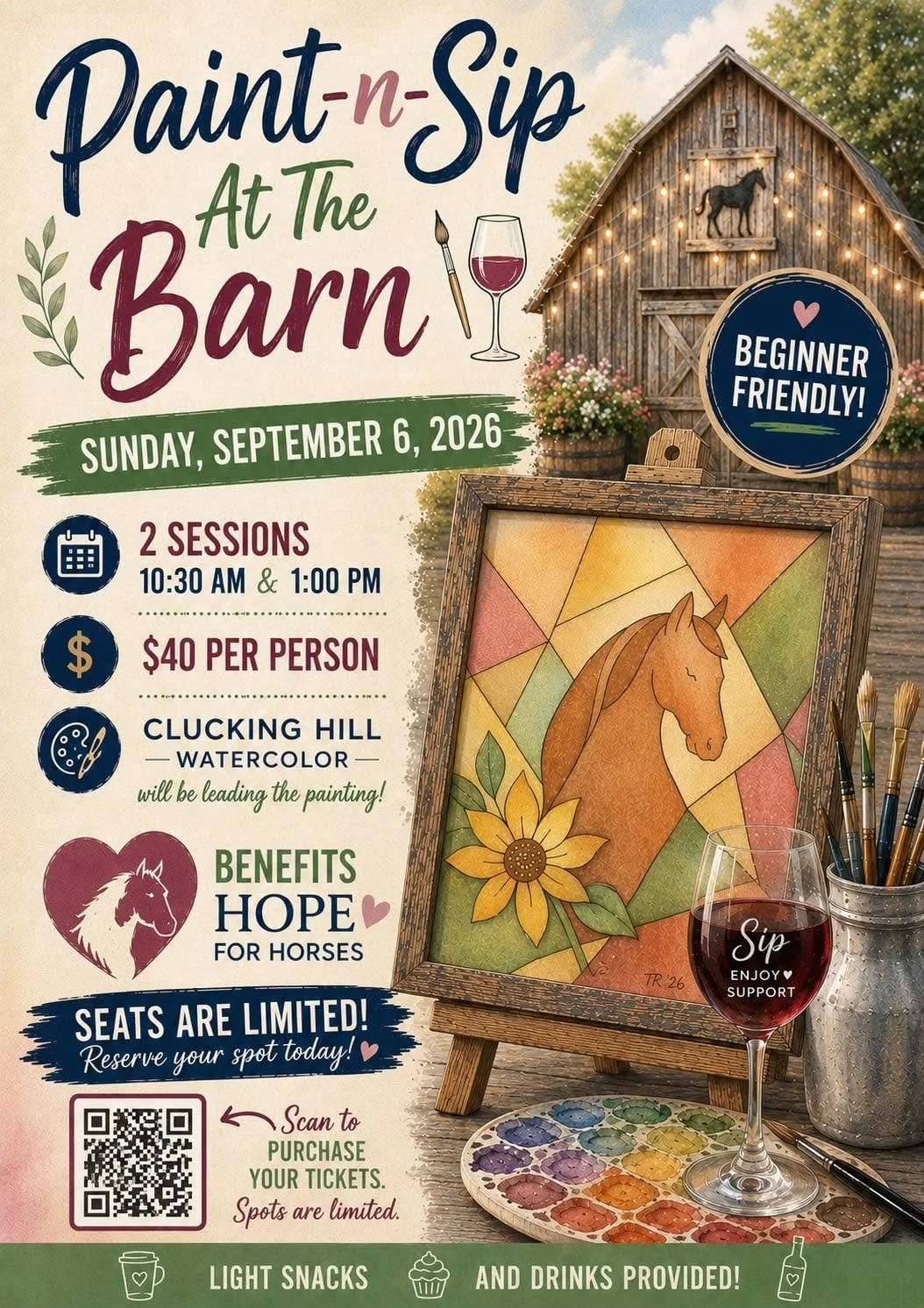 Flyer for 'Paint-n-Sip At The Barn' event on September 6, 2026, featuring a rustic barn, watercolor painting of a horse, wine glass, paint palette, and information about event sessions, price, benefits, and reservation instructions.
