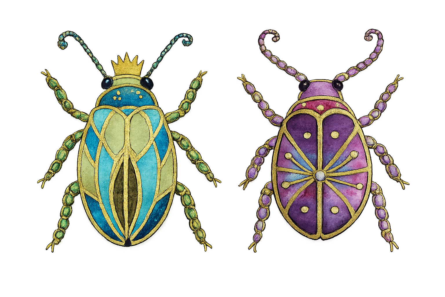 Colorful artistic illustrations of two beetles with gold outlines, one in blue and green and the other in purple and pink, against a multicolored background.
