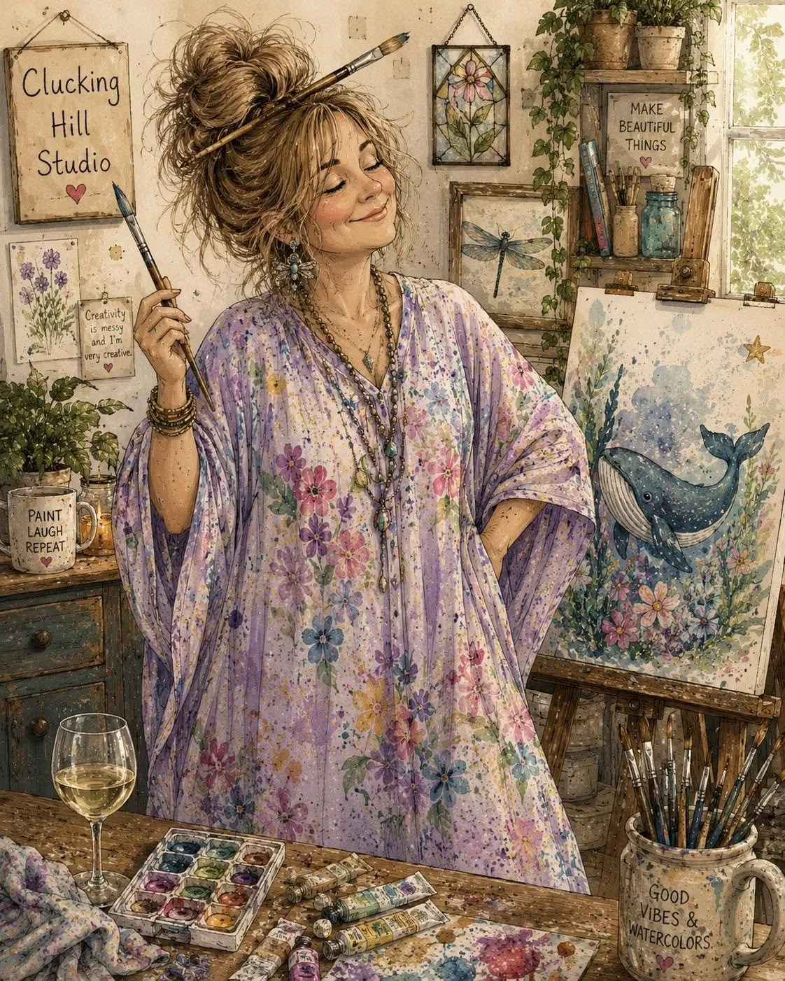 A woman in a colorful floral smock holding paintbrushes in an art studio with paintings, plants, and inspirational signs around her.