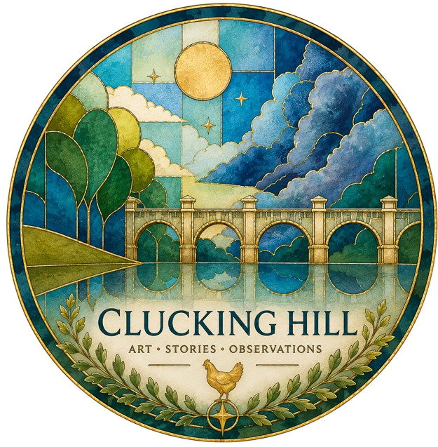 Logo for Clucking Hill featuring a bridge over water, trees, clouds, a sun, and stars, with the text 'Clucking Hill' and the subtitle 'Art, Stories, Observations' and a chicken perched on a wreath.