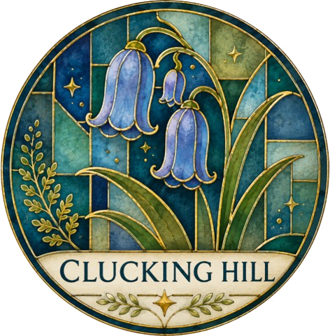 Stained glass artwork featuring blue bell flowers, stars, and foliage, with the text 'Clucking Hill' at the bottom.