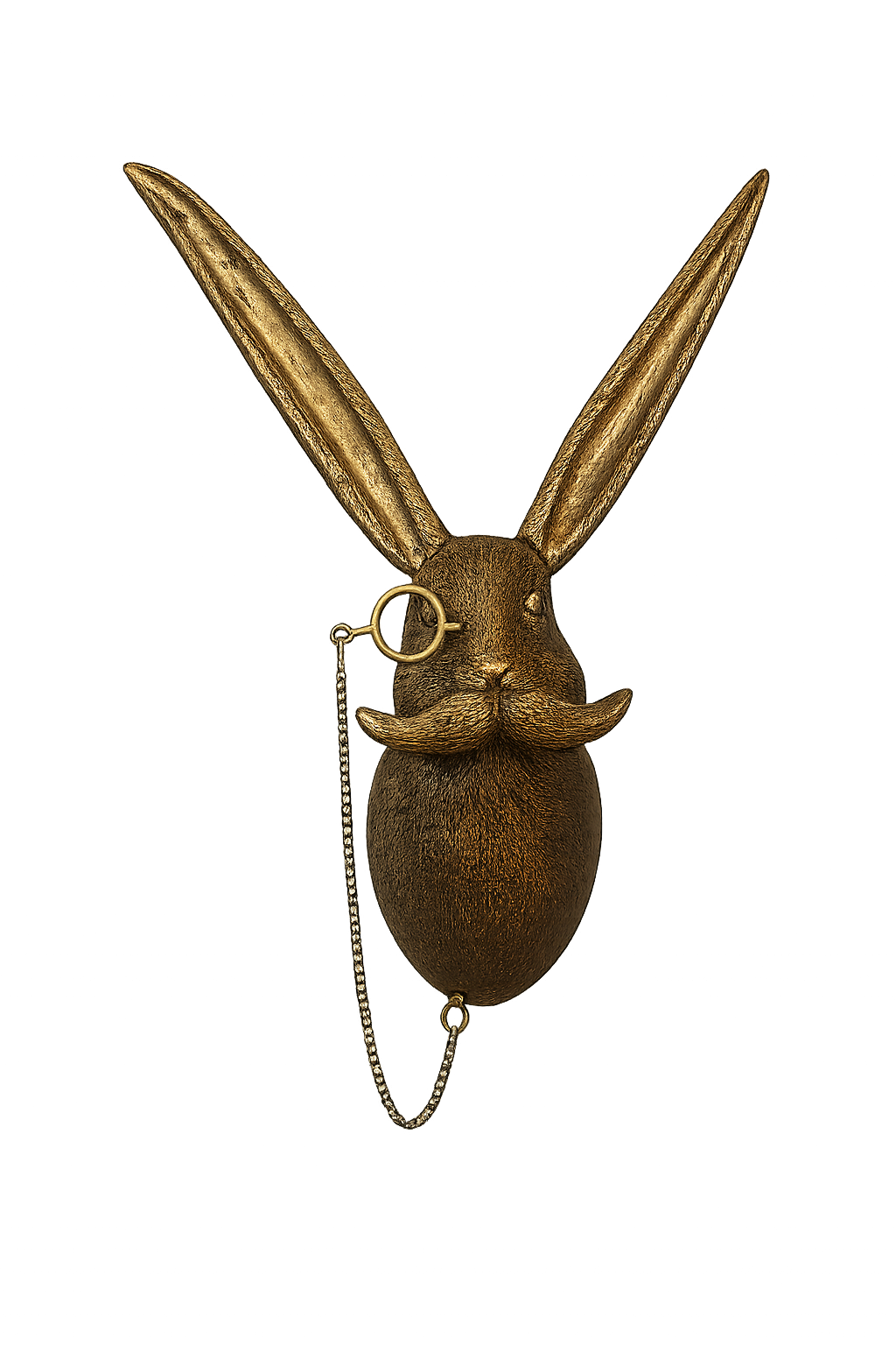 A gold-colored bunny head with long ears wearing a monocle and a mustache, and a chain hanging from the monocle, set against a black background.