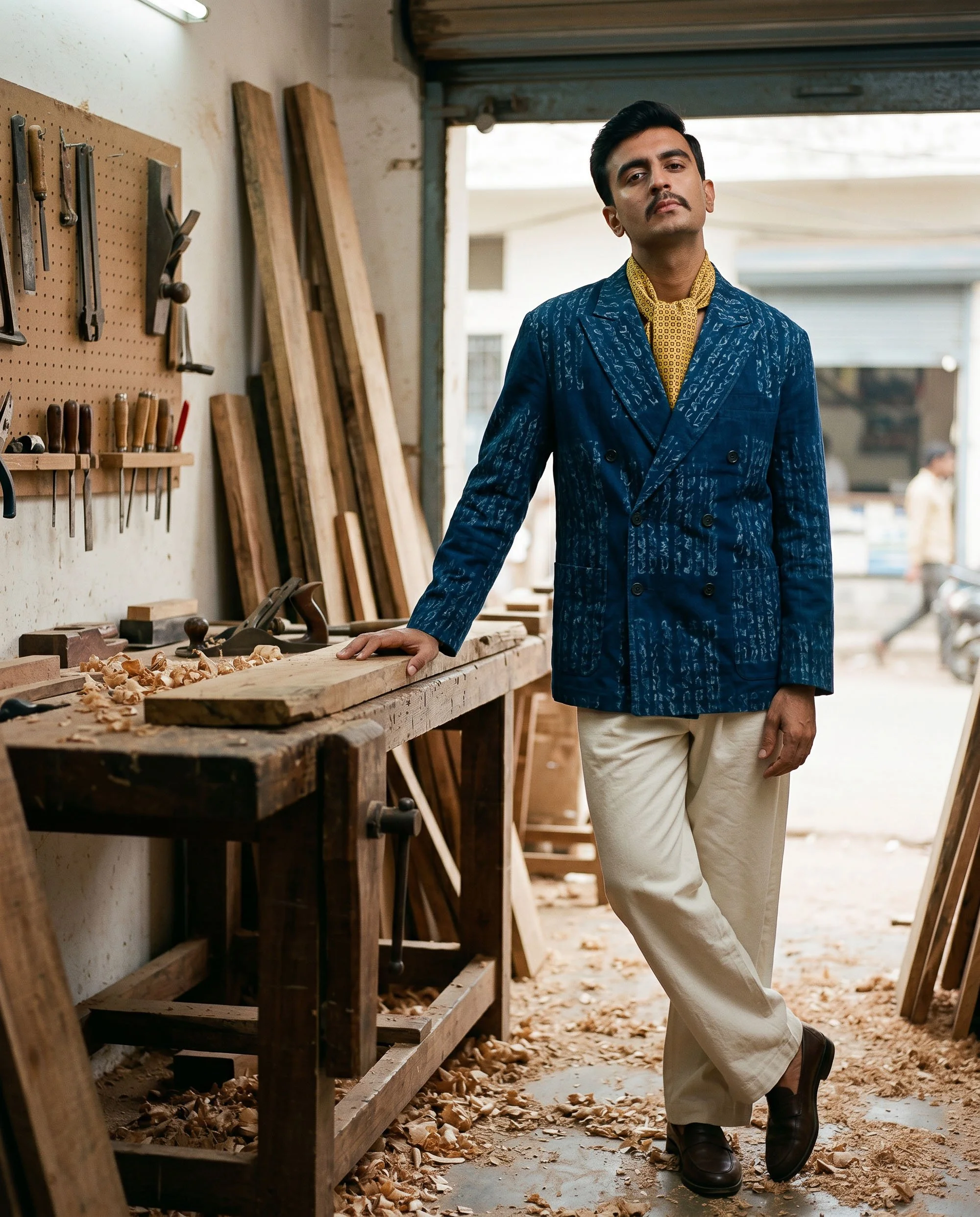 A man in a blue patterned suit and yellow shirt stands in a woodworking shop, leaning against a workbench with wood shavings on the floor.