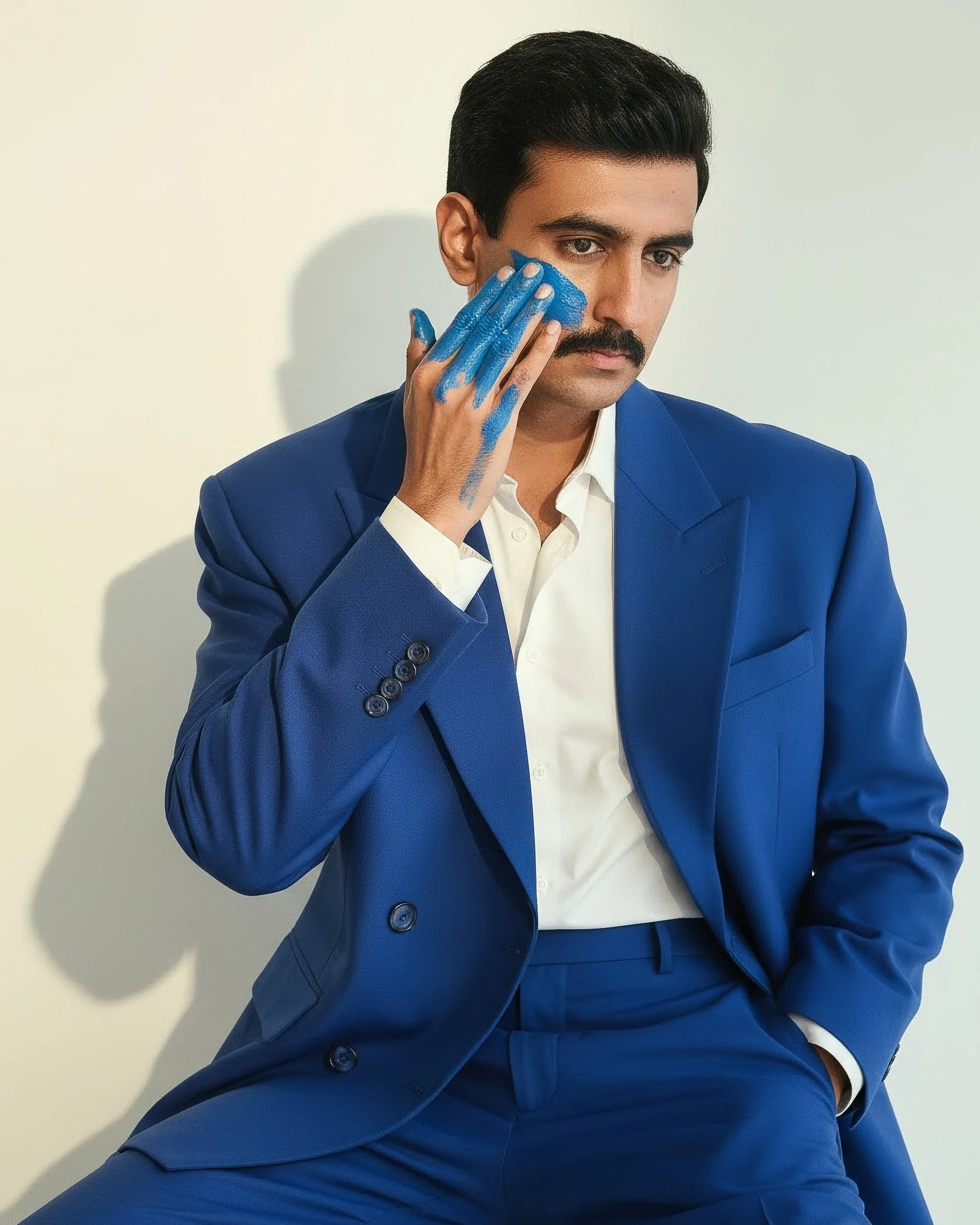 A man with dark hair and a mustache wearing a blue suit and white shirt, is wiping his face with a blue cloth while seated against a plain light-colored wall.