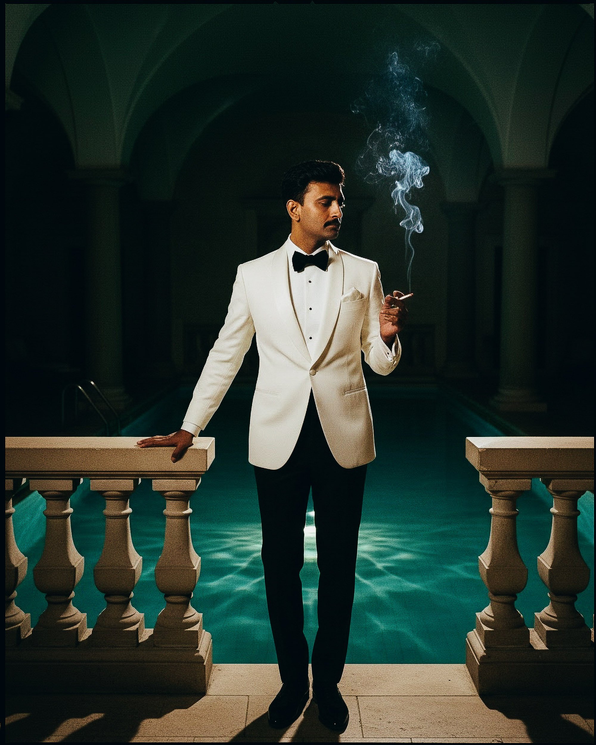 A man in a white tuxedo with a black bowtie and pocket square standing on a balcony with a pool in the background. He is holding a cigarette with smoke rising from it, and the scene is set in a dimly lit, elegant environment.