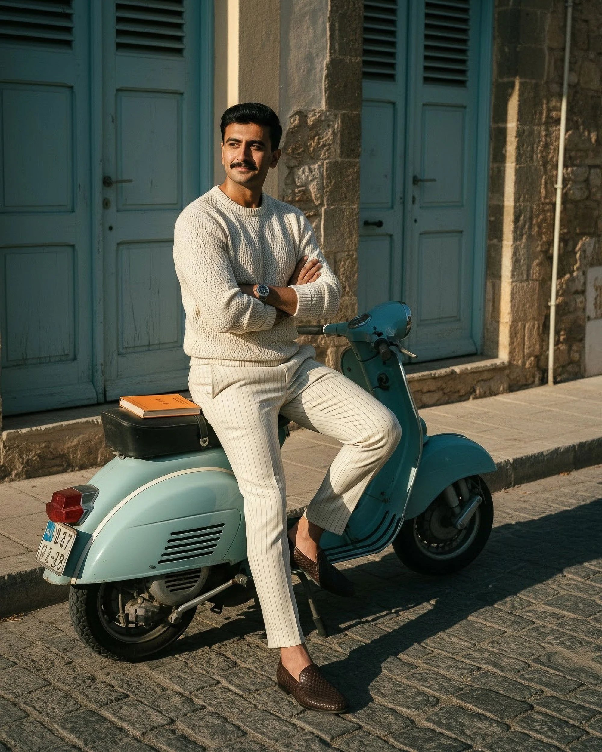 A man with a mustache wearing a cream-colored knitted sweater, striped pants, and brown shoes sitting on a blue scooter on a cobblestone street. He is crossing his arms and appears to be looking into the distance. There is a black bag with an orange 