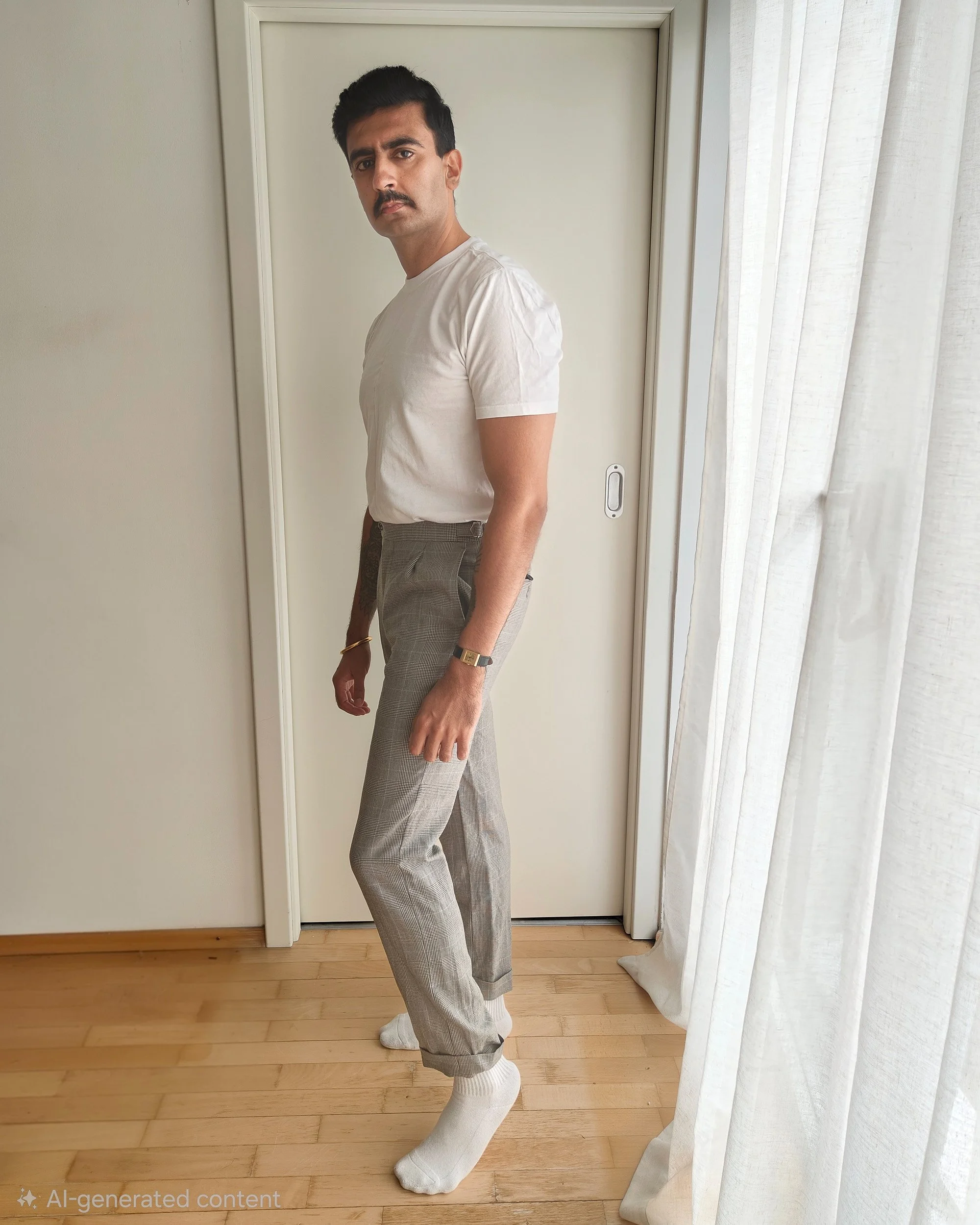 A man with a mustache wearing a white t-shirt, gray plaid pants, and white socks standing inside a room with light-colored walls, hardwood floor, and white curtains, posing with a serious expression.