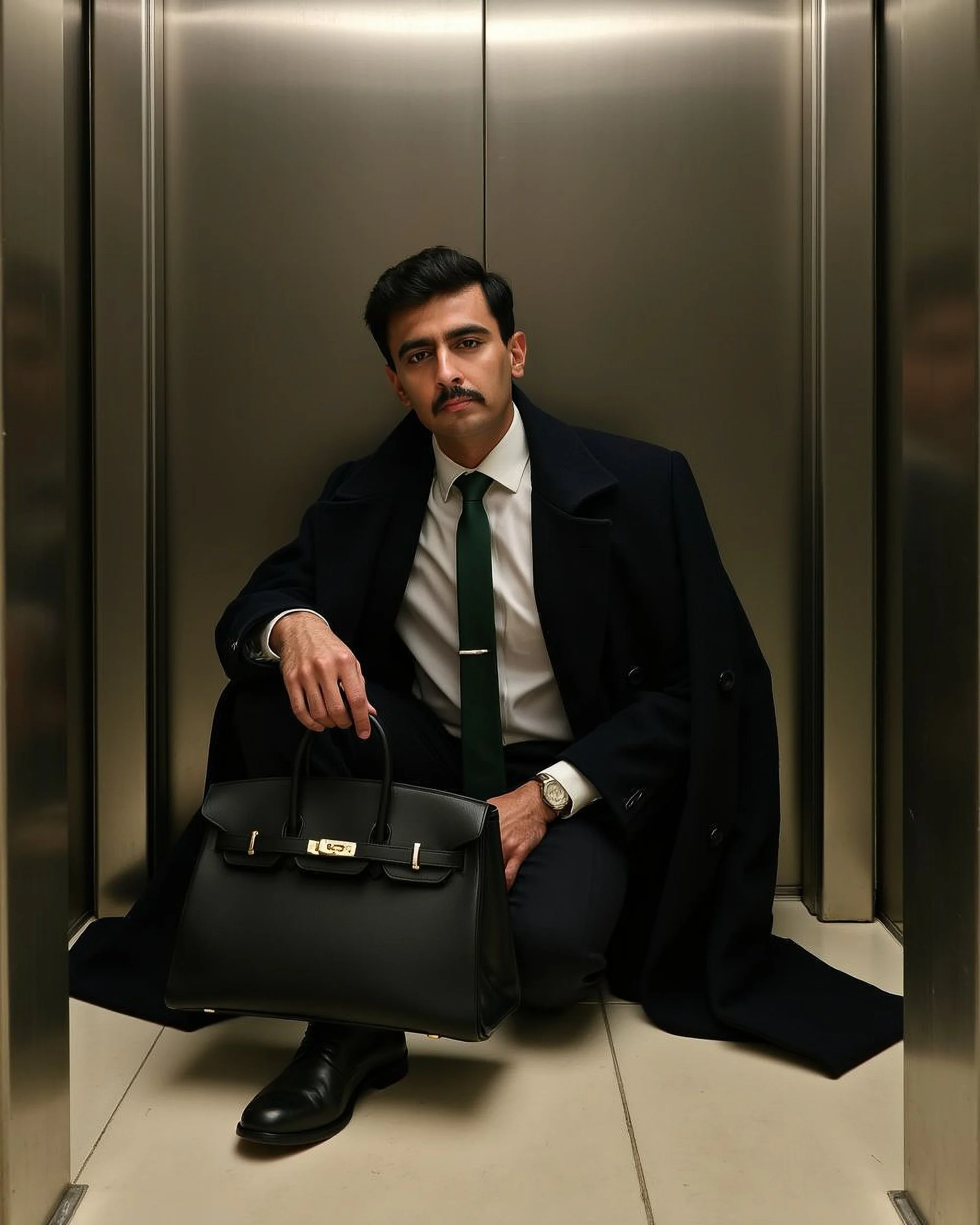 Man with dark hair, mustache, wearing a white shirt, dark coat, green tie, and black shoes, sitting on the floor in an elevator, holding a black handbag and a walking cane, with another person partially visible sitting beside him.