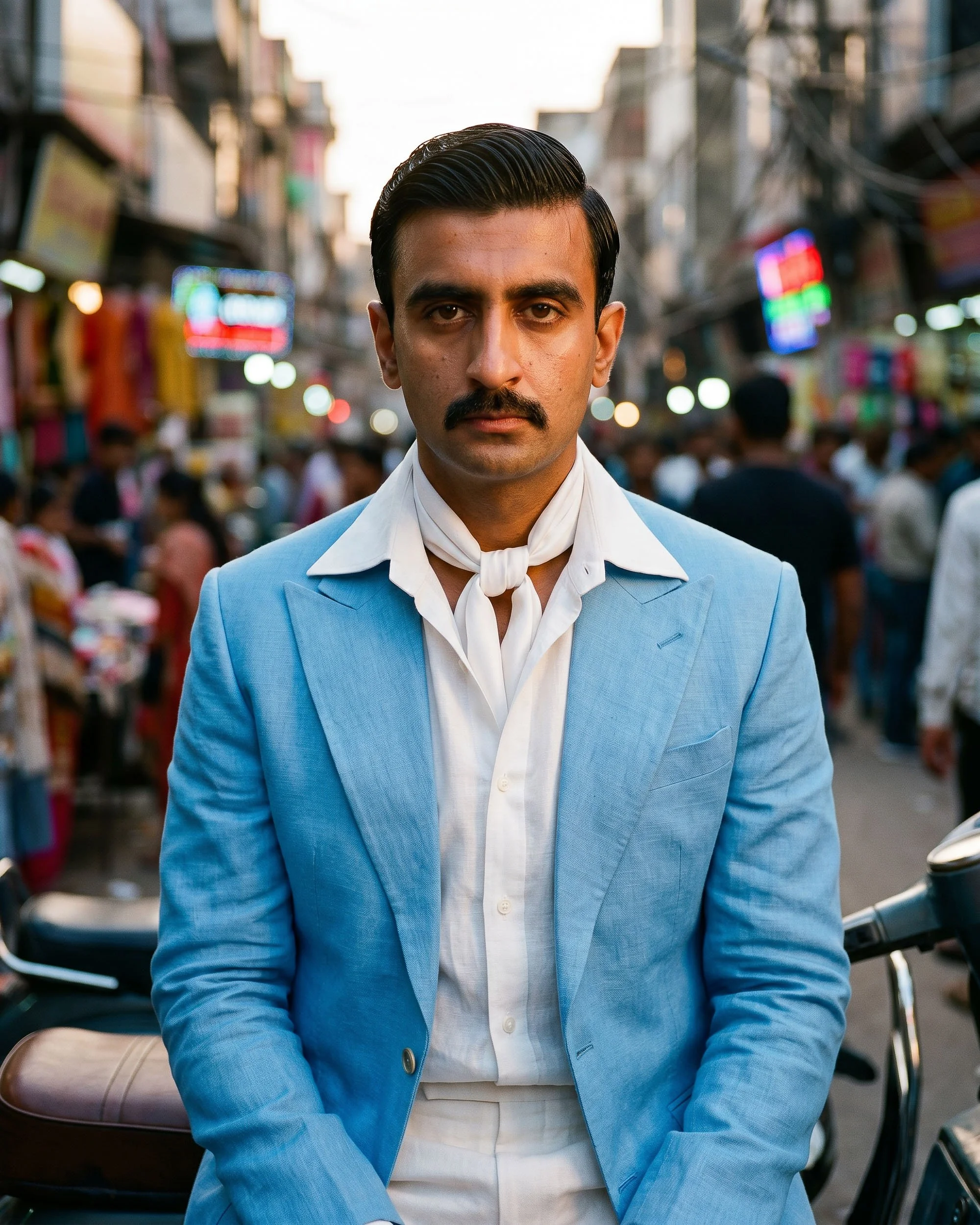 A man with slicked-back hair and a mustache stands in a busy outdoor market street, dressed in a light blue suit with a white shirt and scarf, surrounded by blurred colorful signs and people.