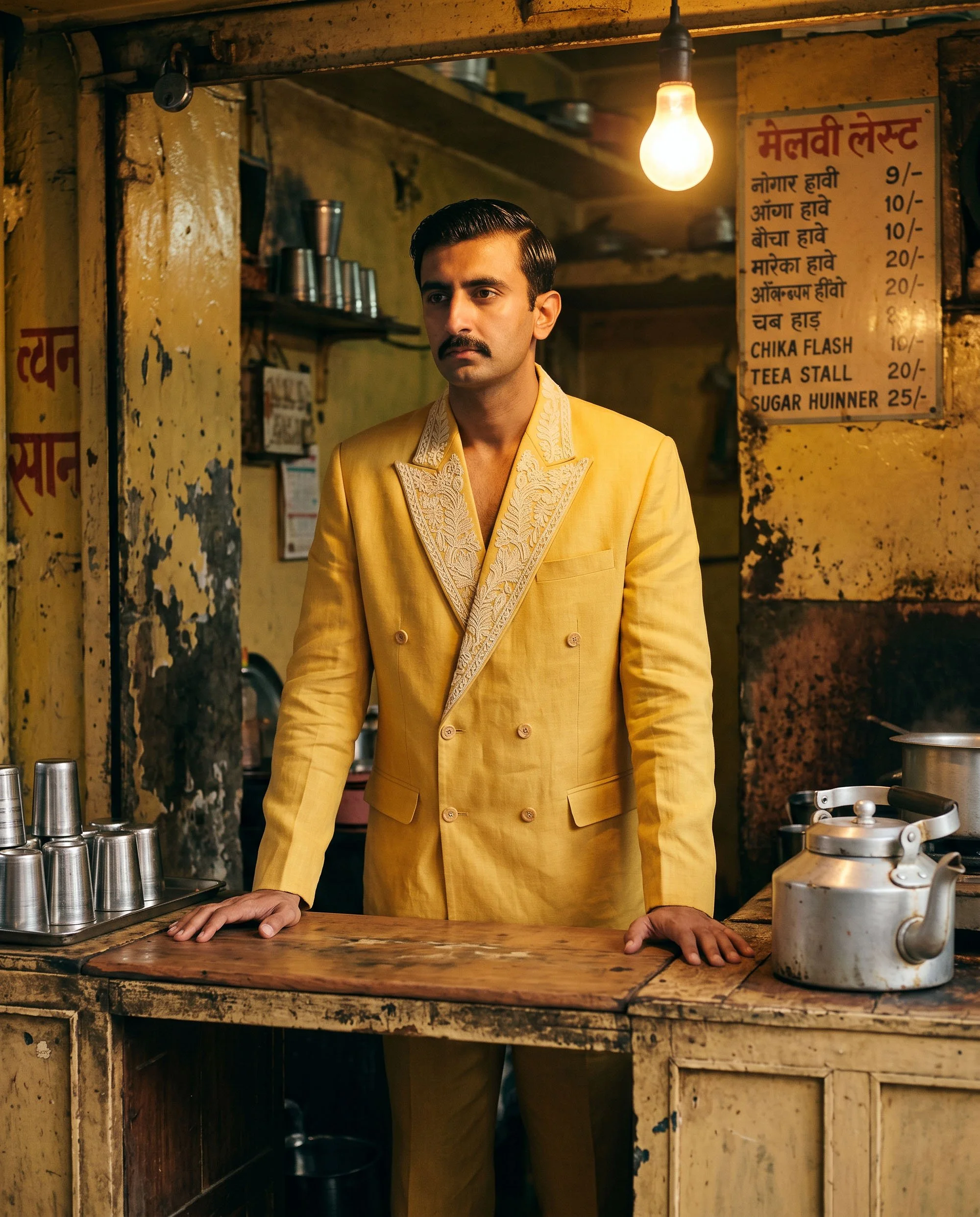 A man with a mustache wearing a yellow traditional Indian suit, standing behind a wooden counter in a rustic, old-fashioned kitchen with a yellow, peeling wall, a hanging light bulb, and a menu board written in Hindi.