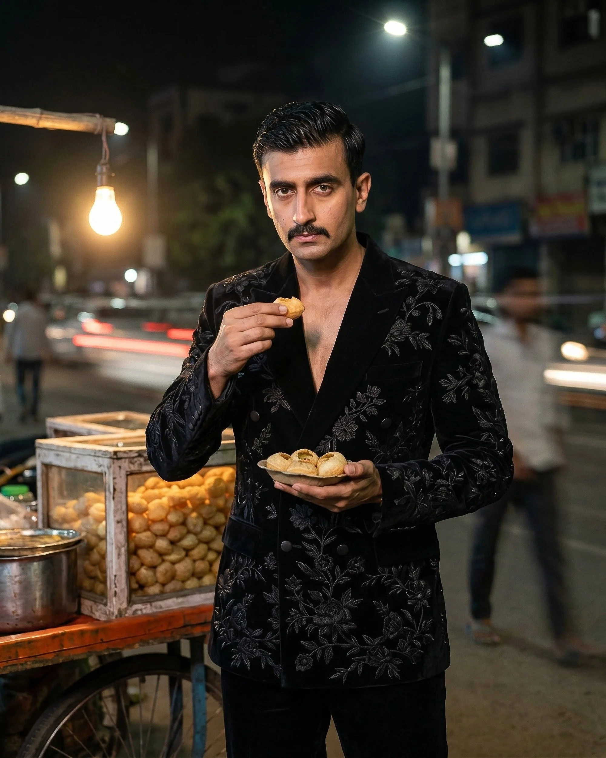 A man with a slicked-back hairstyle and a mustache, wearing a black jacket with floral embroidery, standing on a city street at night. He is holding a plate with Indian sweets and a piece of the sweet in his right hand, looking directly at the camera