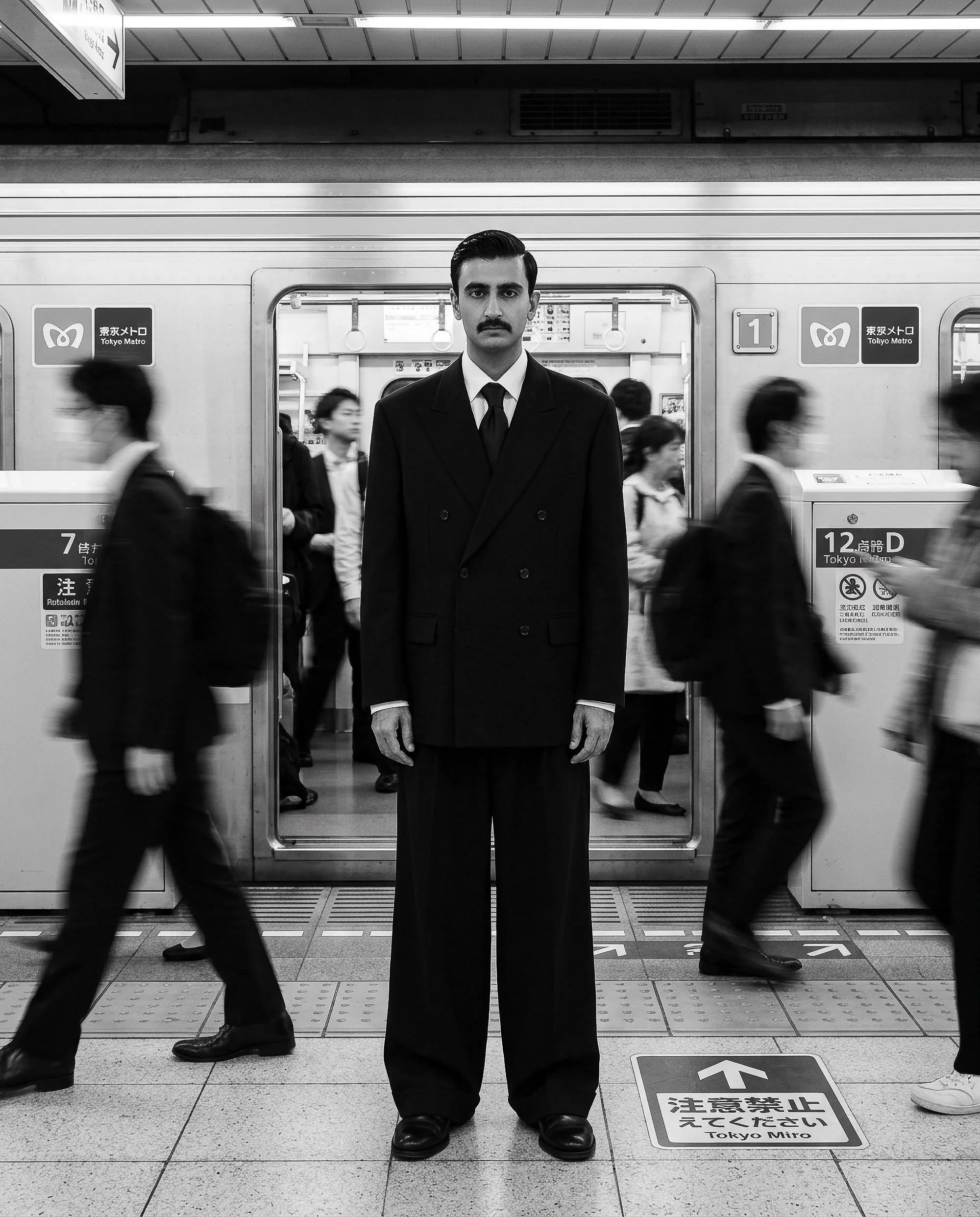 A man with a mustache in a business suit standing in the Tokyo Metro train station with other blurred passengers walking past him.