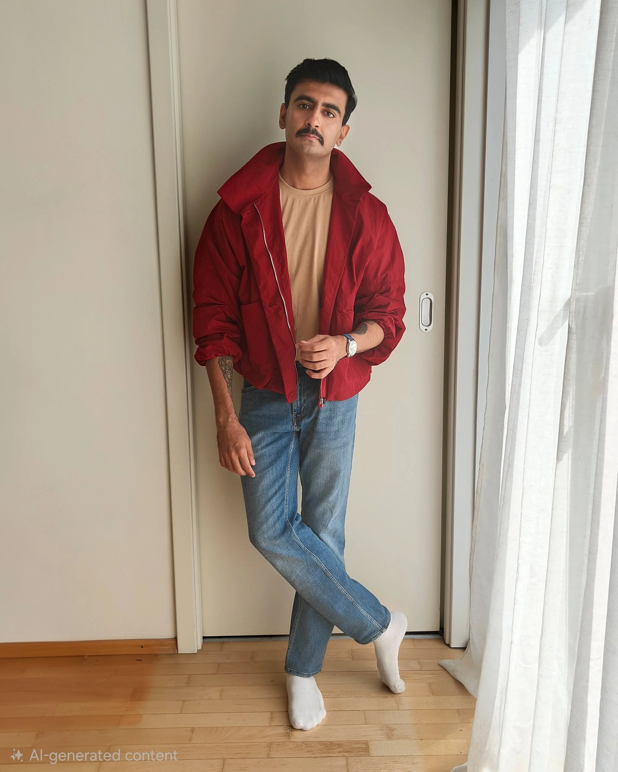 A man with dark hair and a mustache wearing a beige shirt, a red jacket, light blue jeans, and white socks, standing indoors next to a sliding door with sheer white curtains. He has tattoos on his left forearm and is looking directly at the camera.