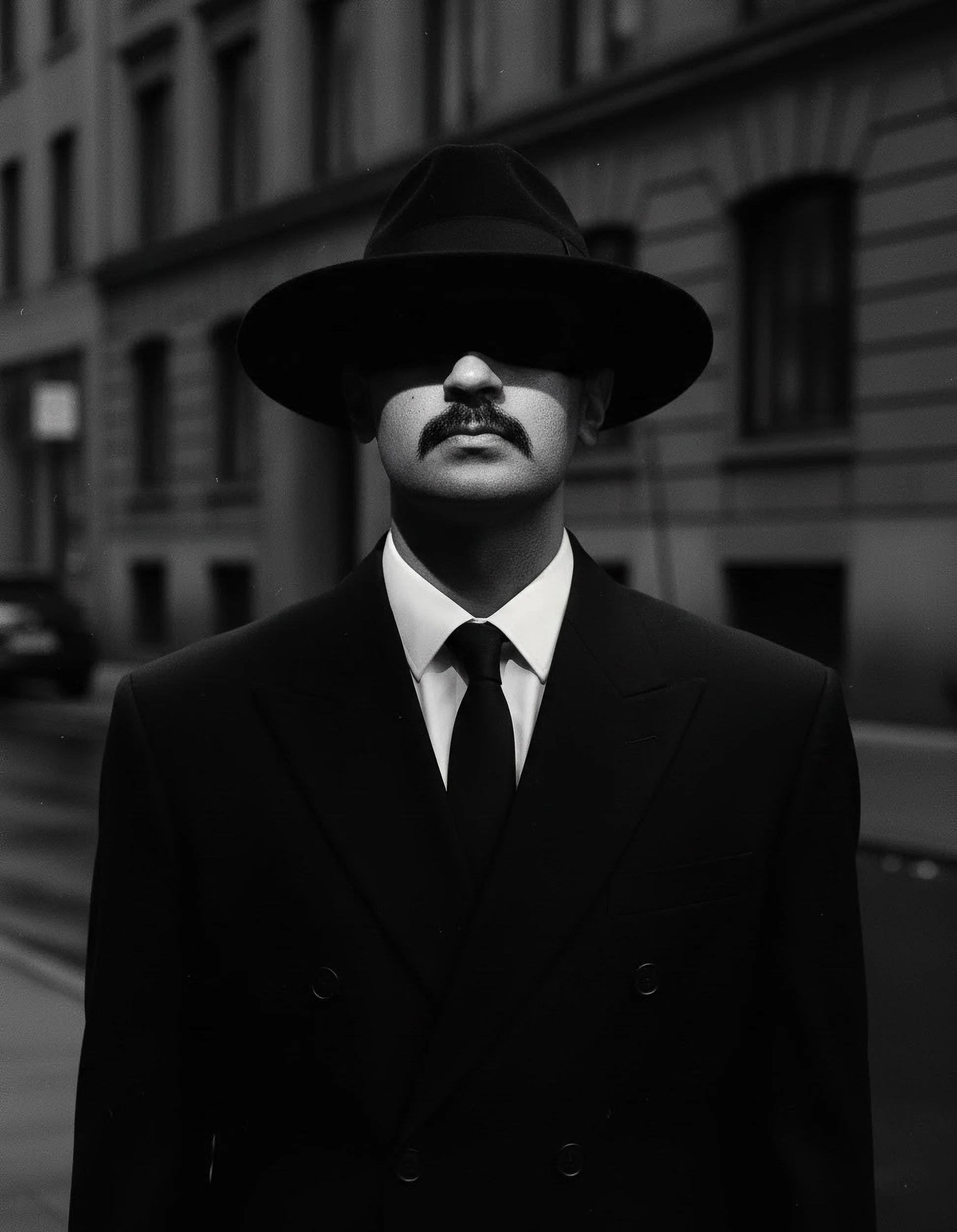 A man in a suit and tie wearing a large black hat that covers his eyes, standing outdoors with a building in the background.