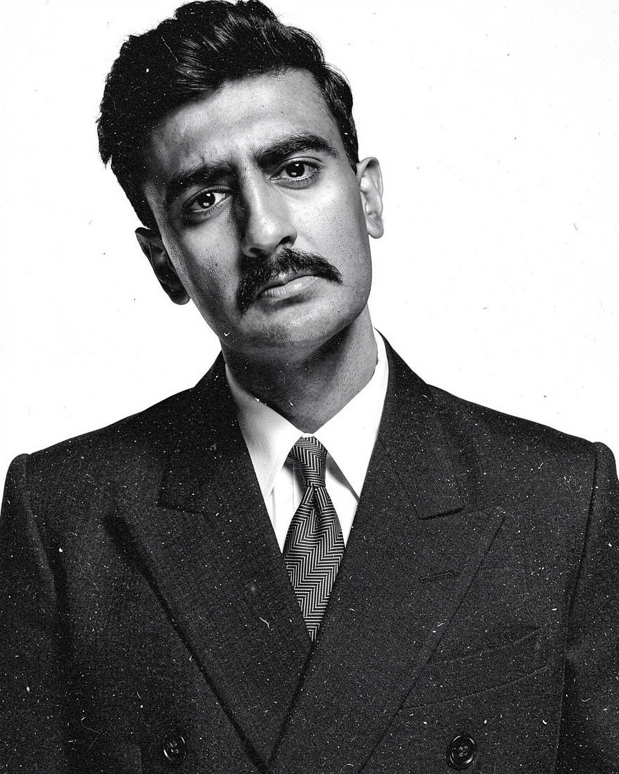 Black and white portrait of a man wearing a suit and tie, with wet hair and a serious expression, looking directly at the camera.